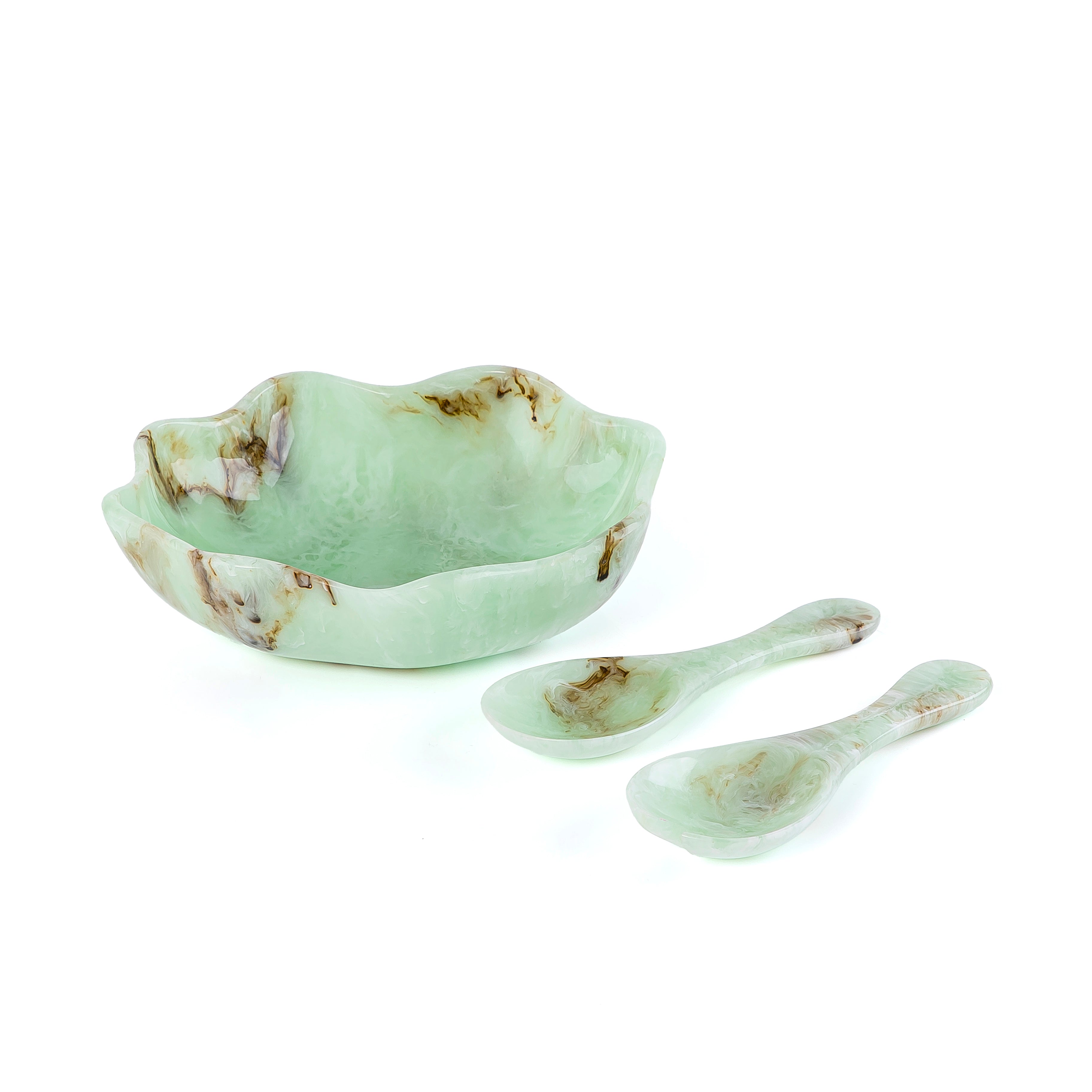 Set of Resin Small Bowl , 2 Spoons with gift box - Green
