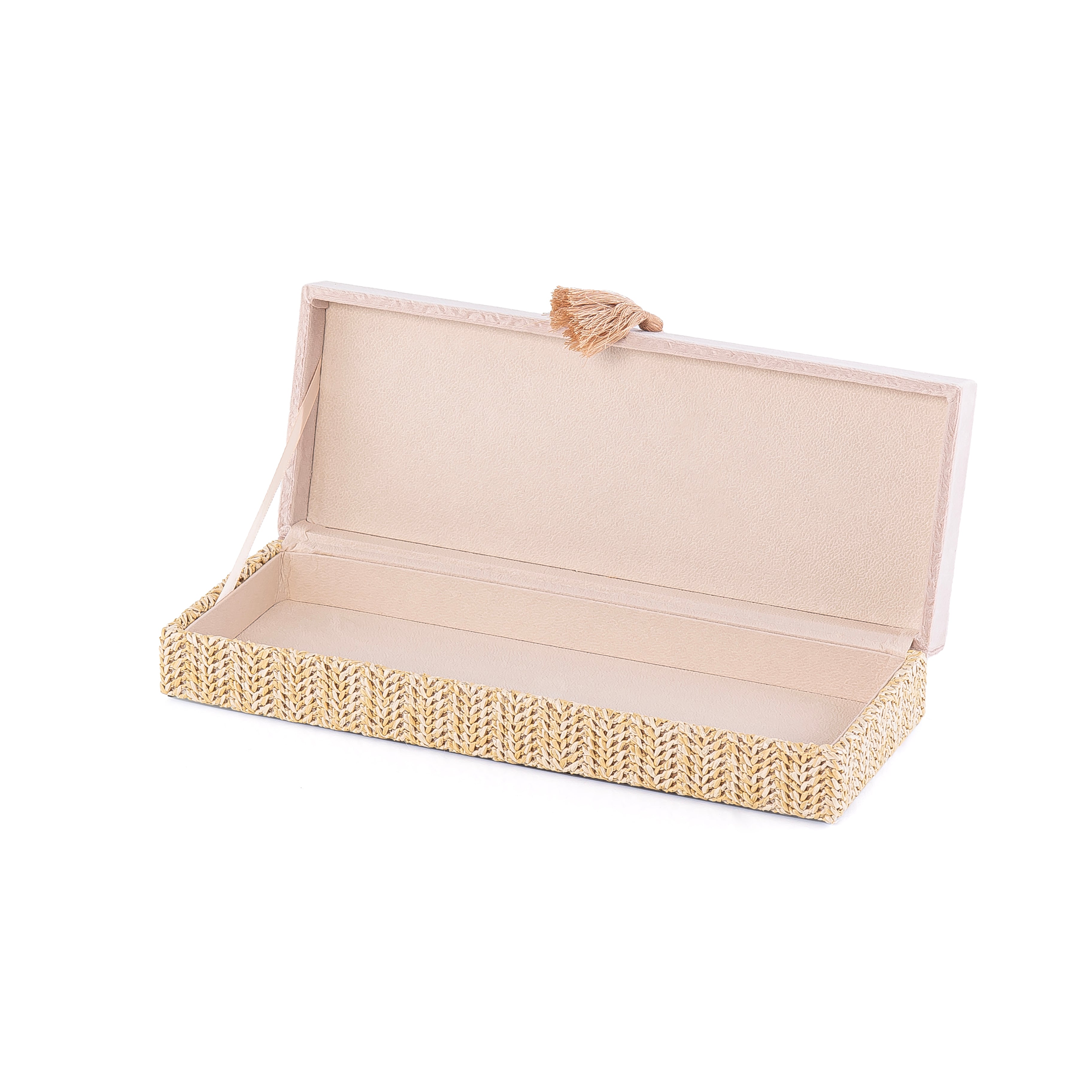 Small Rattan Rectangle Jewelry Box with Cover - Cream
