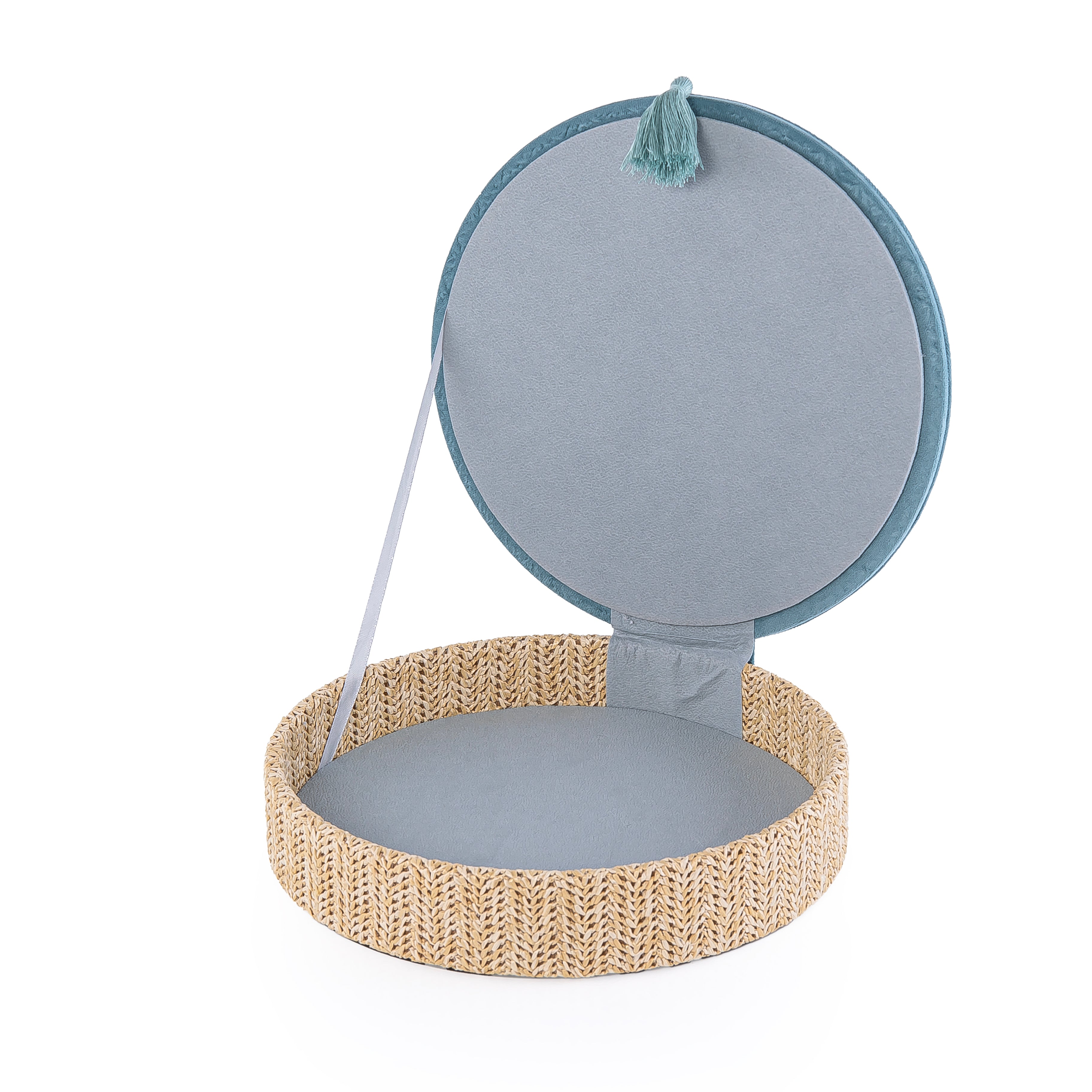 Large Rattan Round Jewelry Box with Cover - Blue