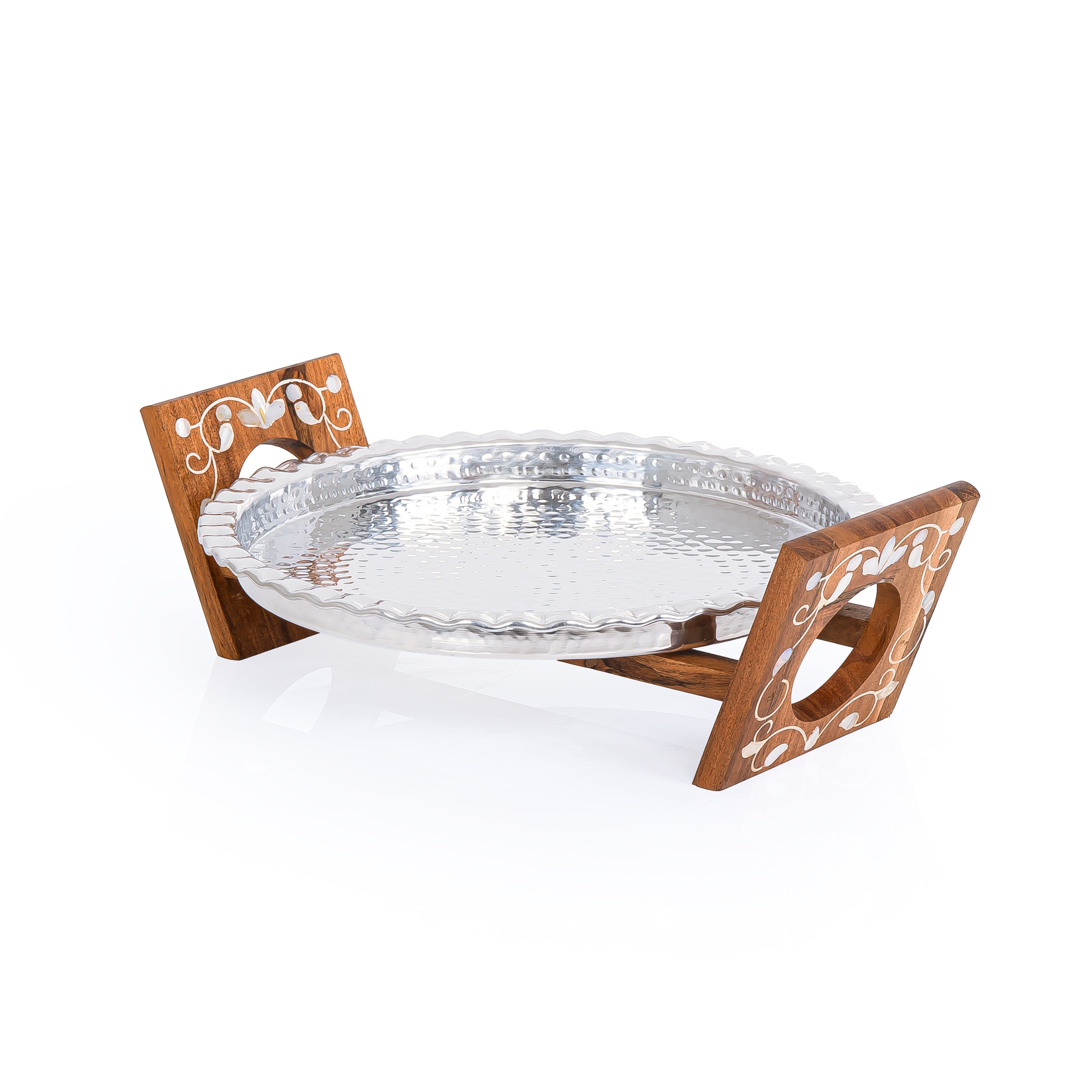 Round Aluminium Serving Tray with Wooden Stand