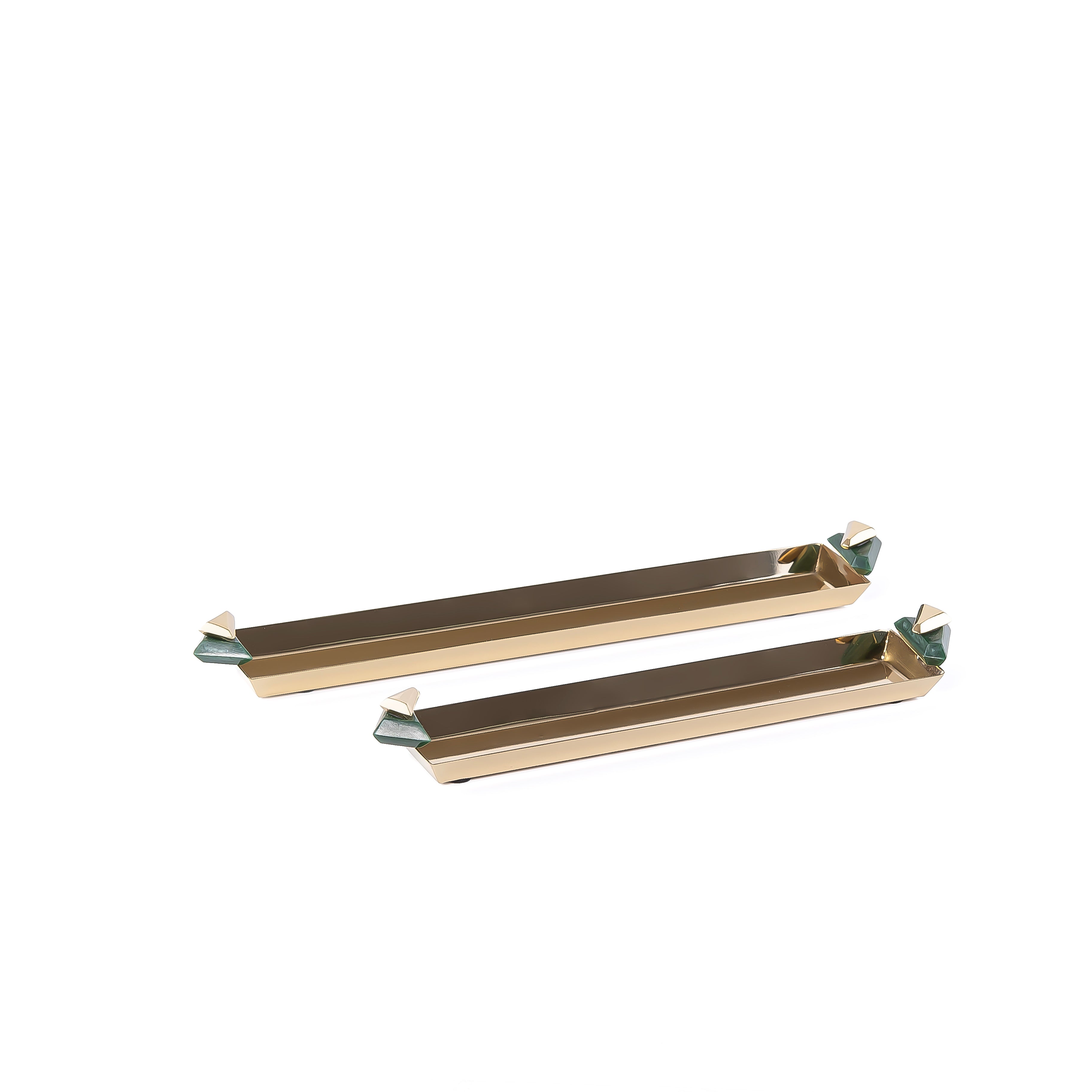 Set of 2 Long Metal Serving Tray with gift box - Gold & Green