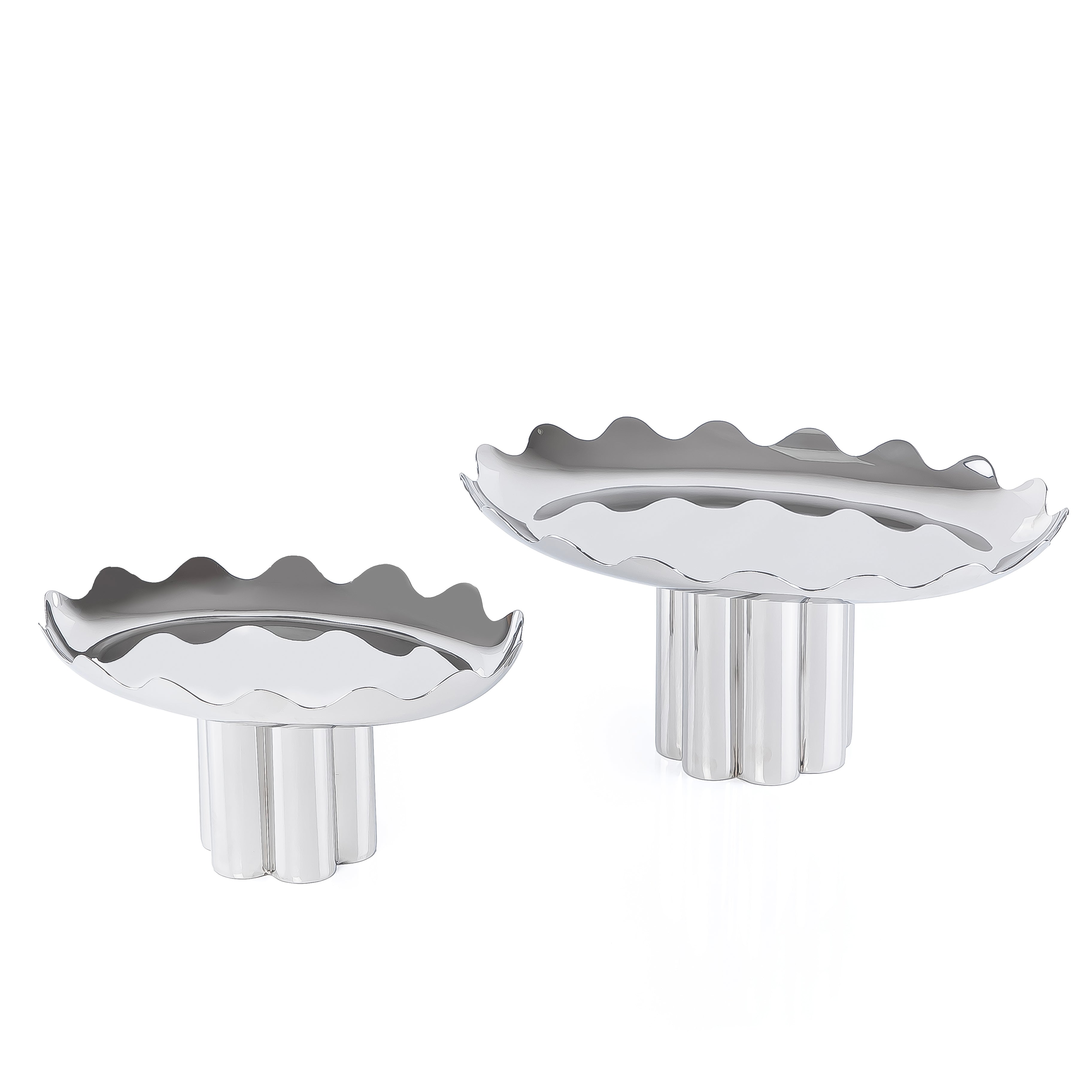 طقم مكون من 2 ستاند تقديم دائري معدن بحواف معرجة مع بوكس هدايا - فضي