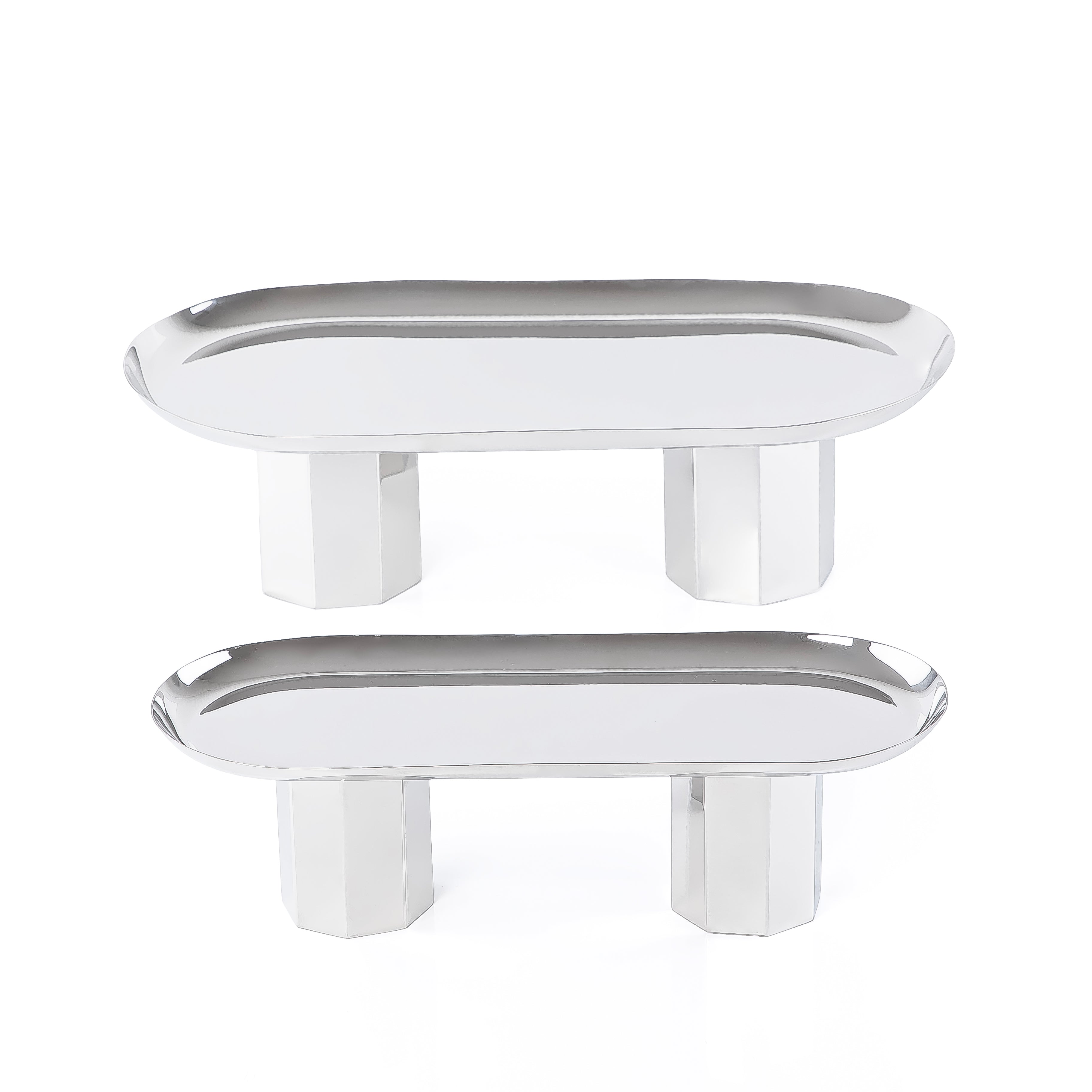 Set of 2 Oval metal stand with gift box - Silver