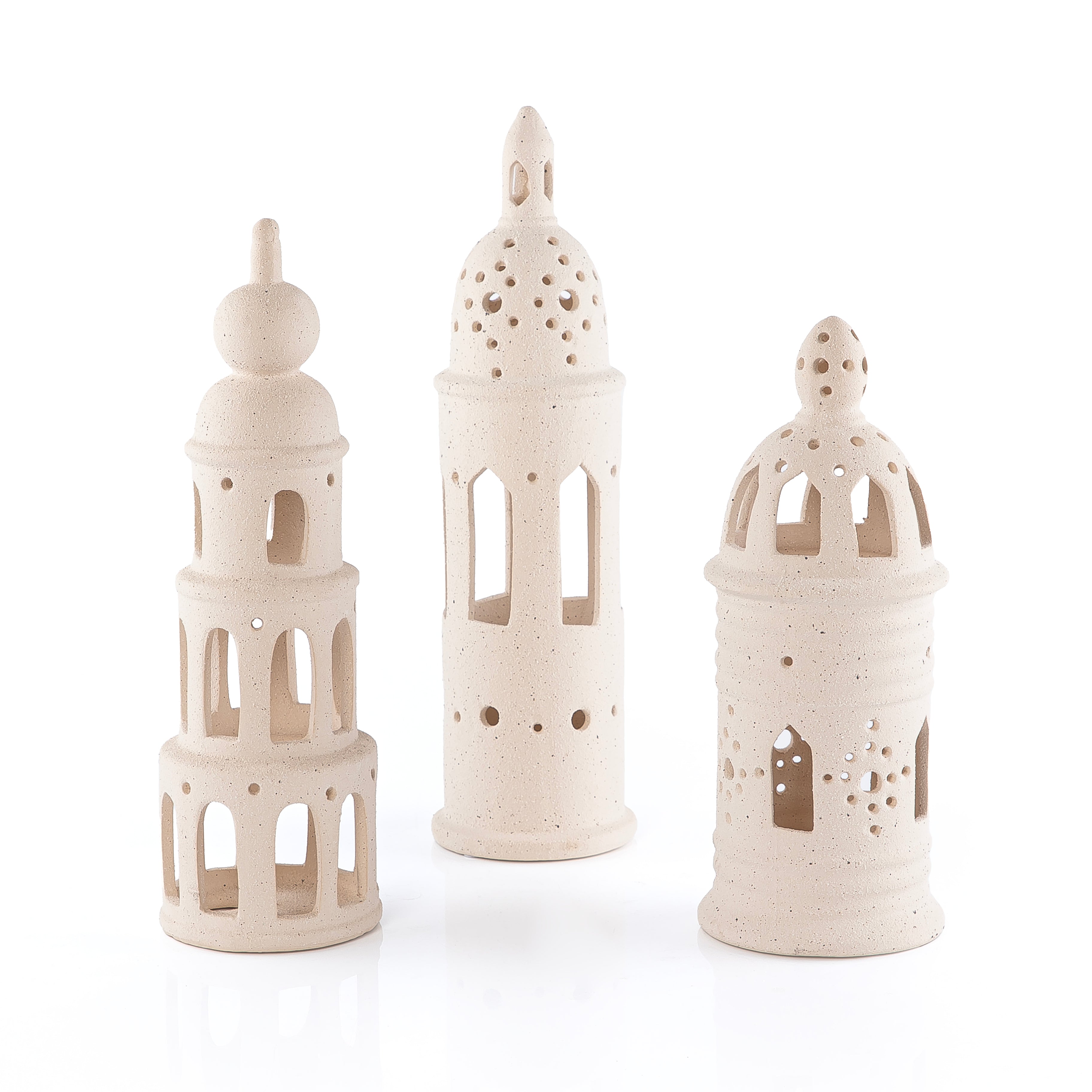 طقم ديكور خزفي (3 قطع) بأشكال مآذن داخل بوكس هدايا مخملية وردية