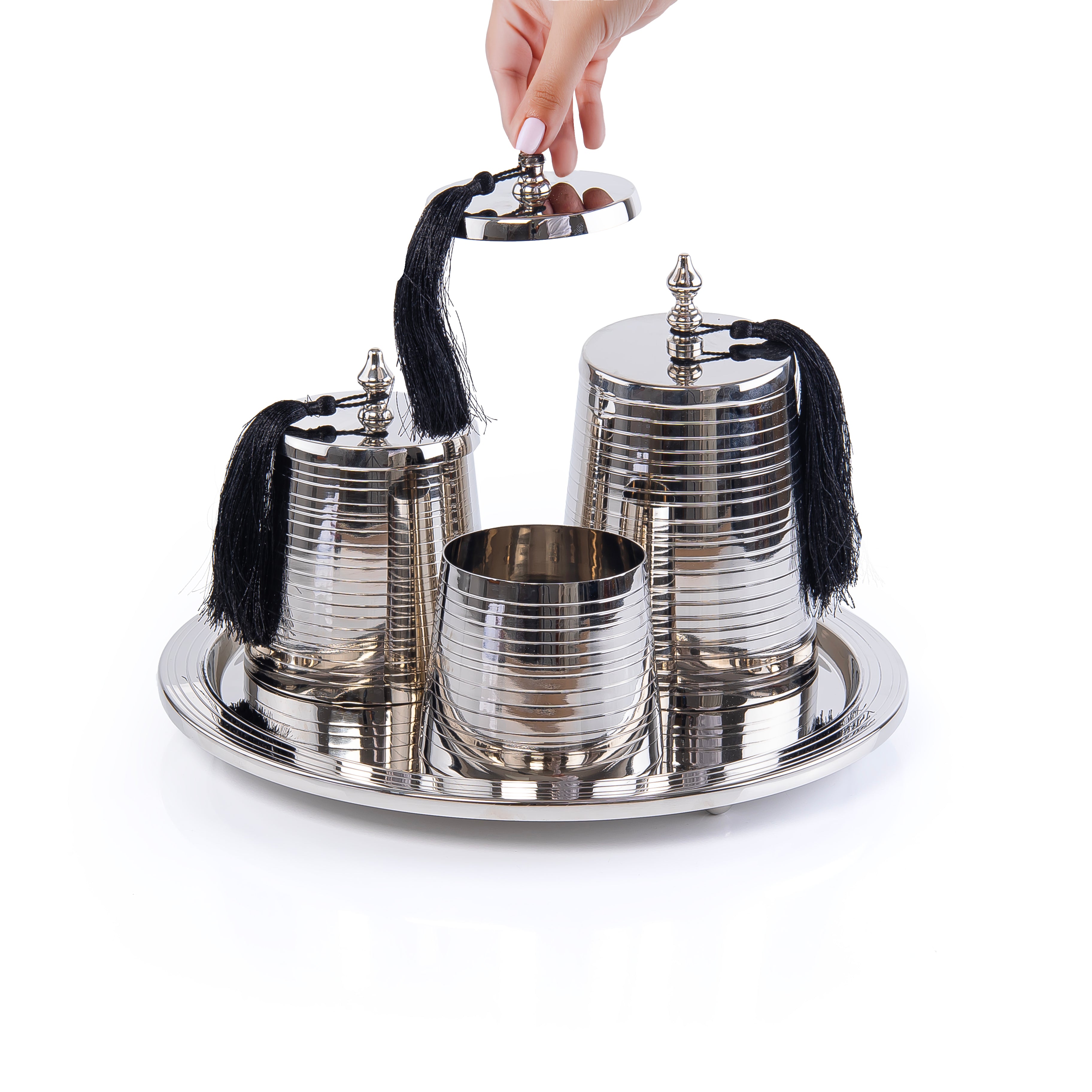 Nickel Plated Metal Set of 3 Jars with Tray