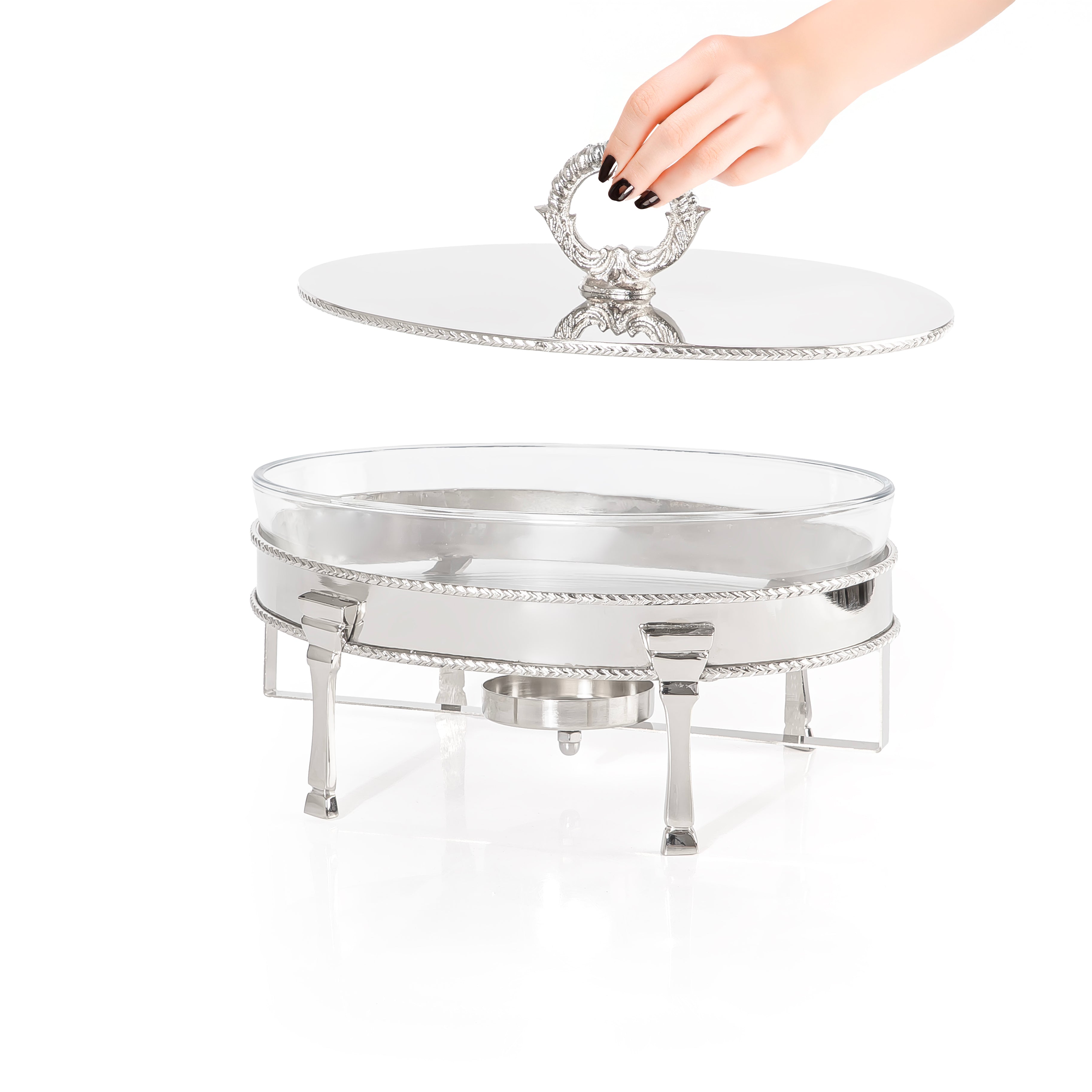 Oval Silver Stainless Steel Chafing Dish with Interior Glass Bowl and Handle - Large