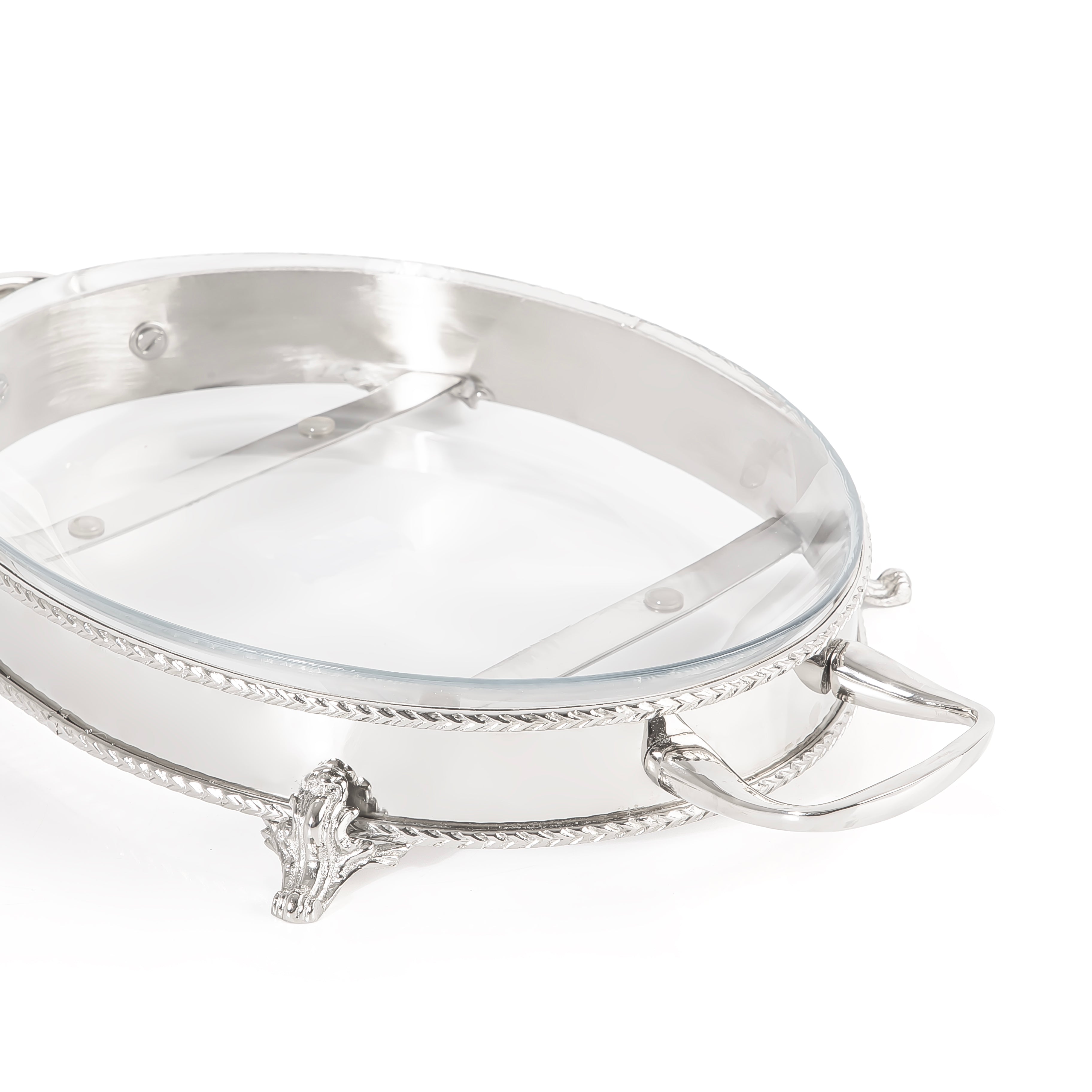 Oval Stainless Steel Serving Stand with Interior Glass Bowl - Small
