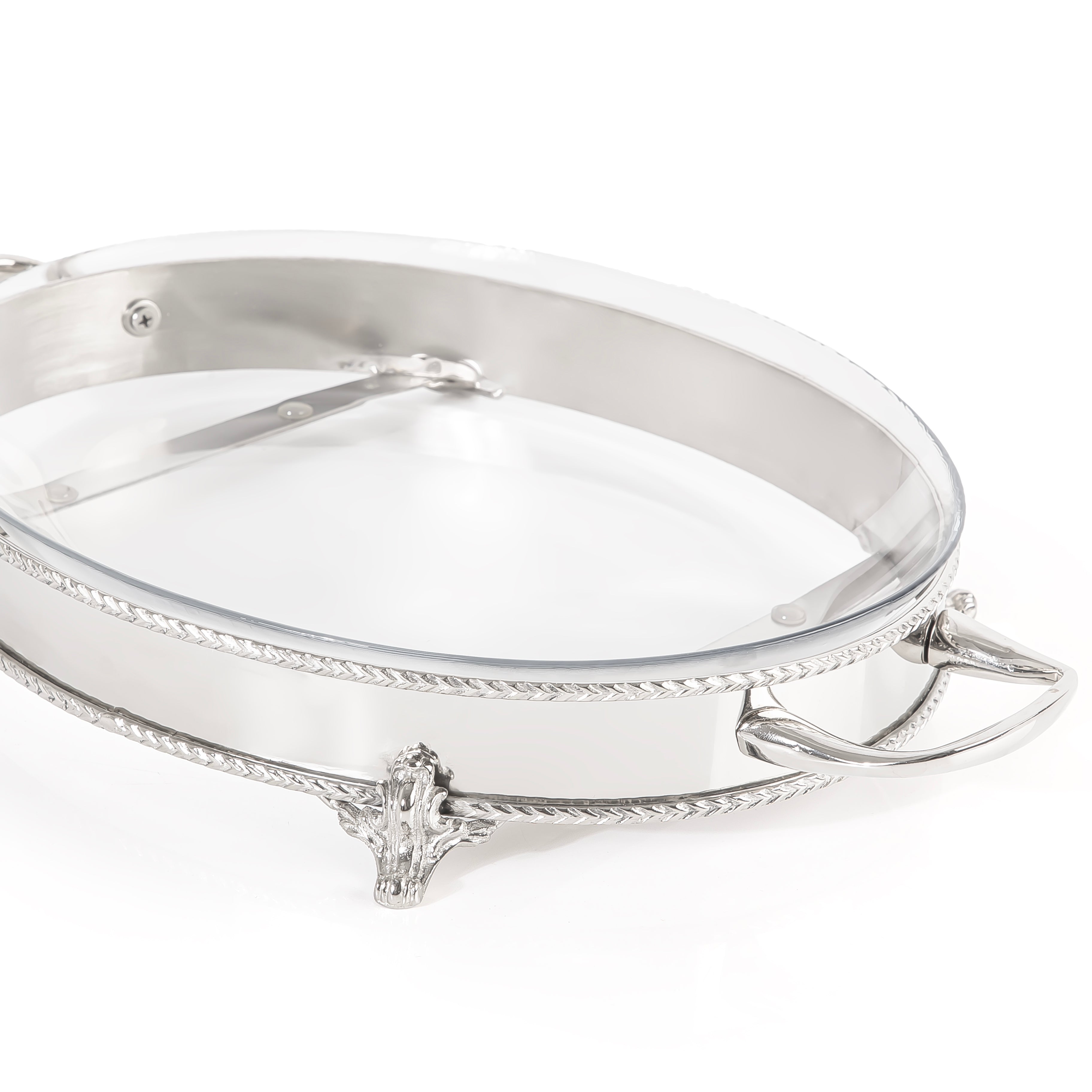 Oval Stainless Steel Serving Stand with Interior Glass Bowl - Large