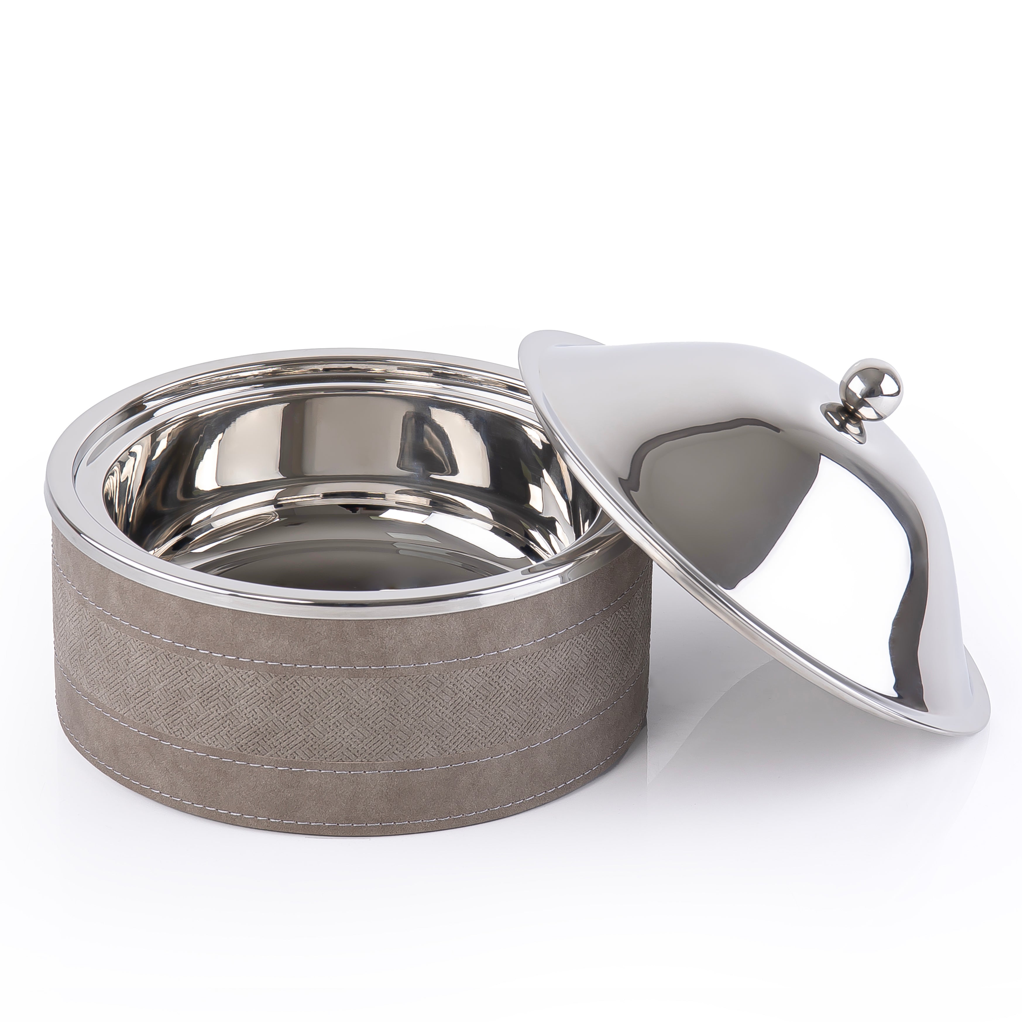 حافظ حرارة الطعام دائري صغير من المعدن مع قاعدة خشبية وغطاء جلدي – رمادي