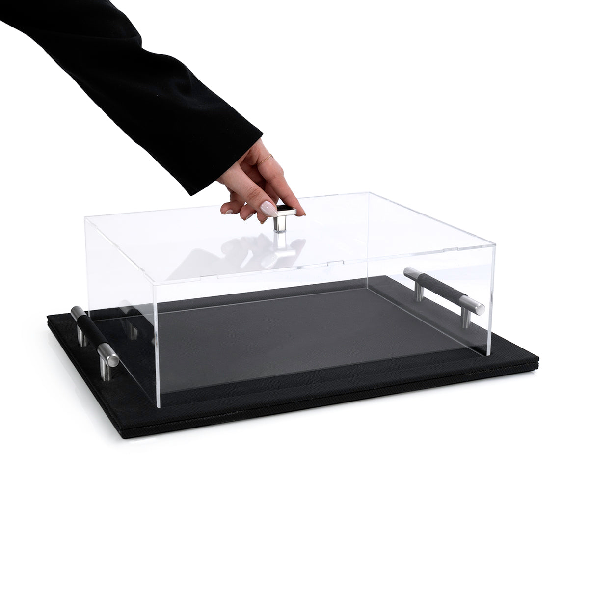 Set of 2 leather trays with metal handle and acrylic cover