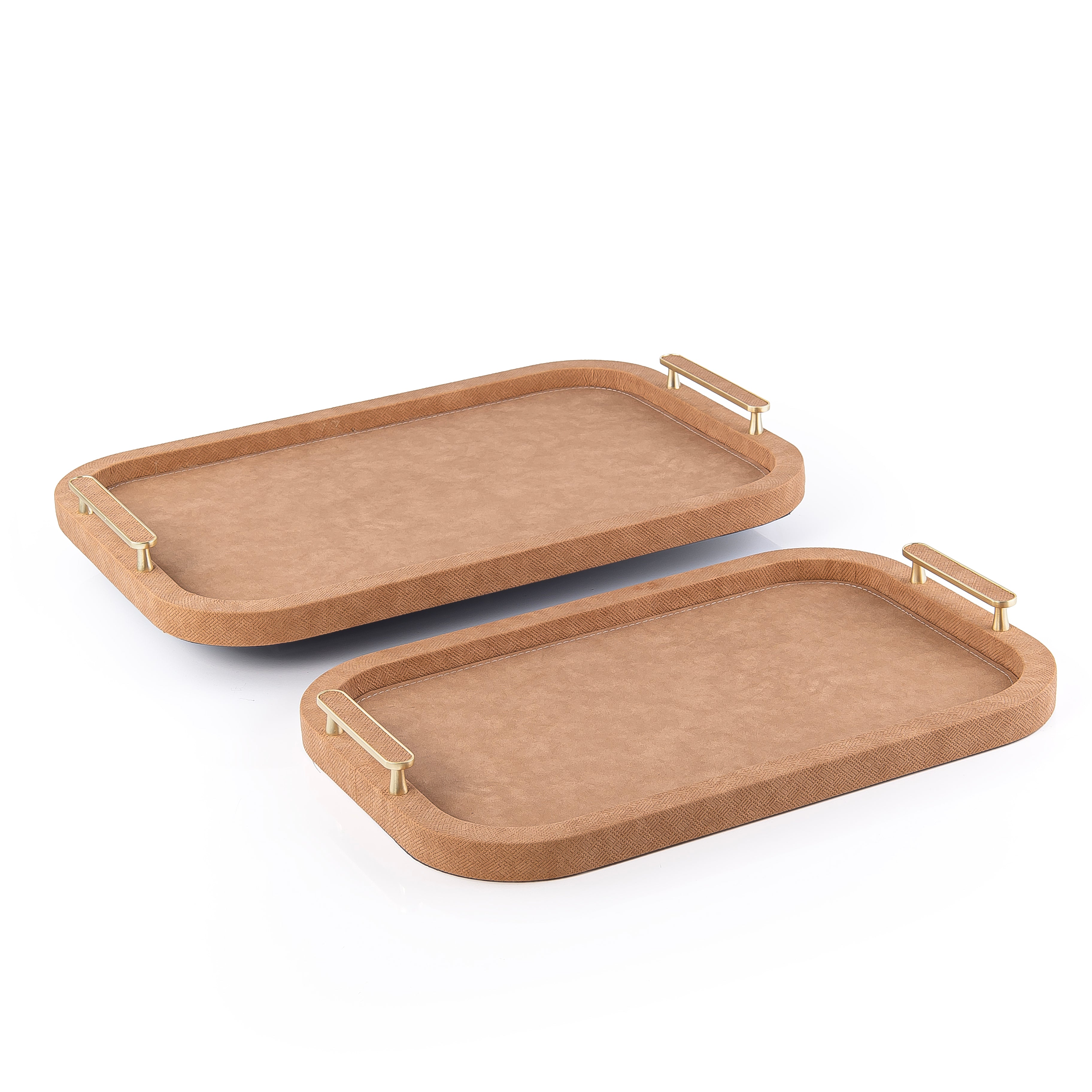 Set of 2 Rectangular Wooden Trays Leather Wrap with Gift Box - Brown