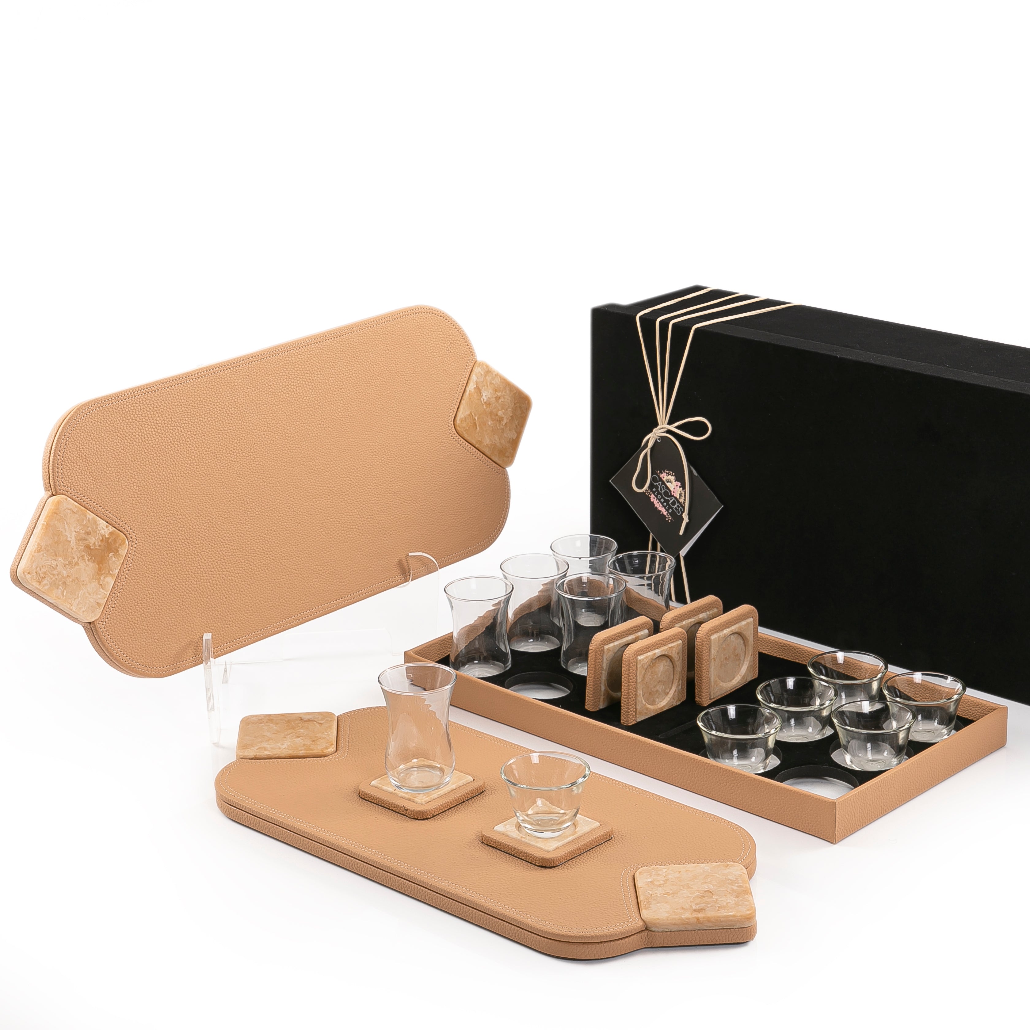 Set of 2 leather trays with cups and coaster with gift box