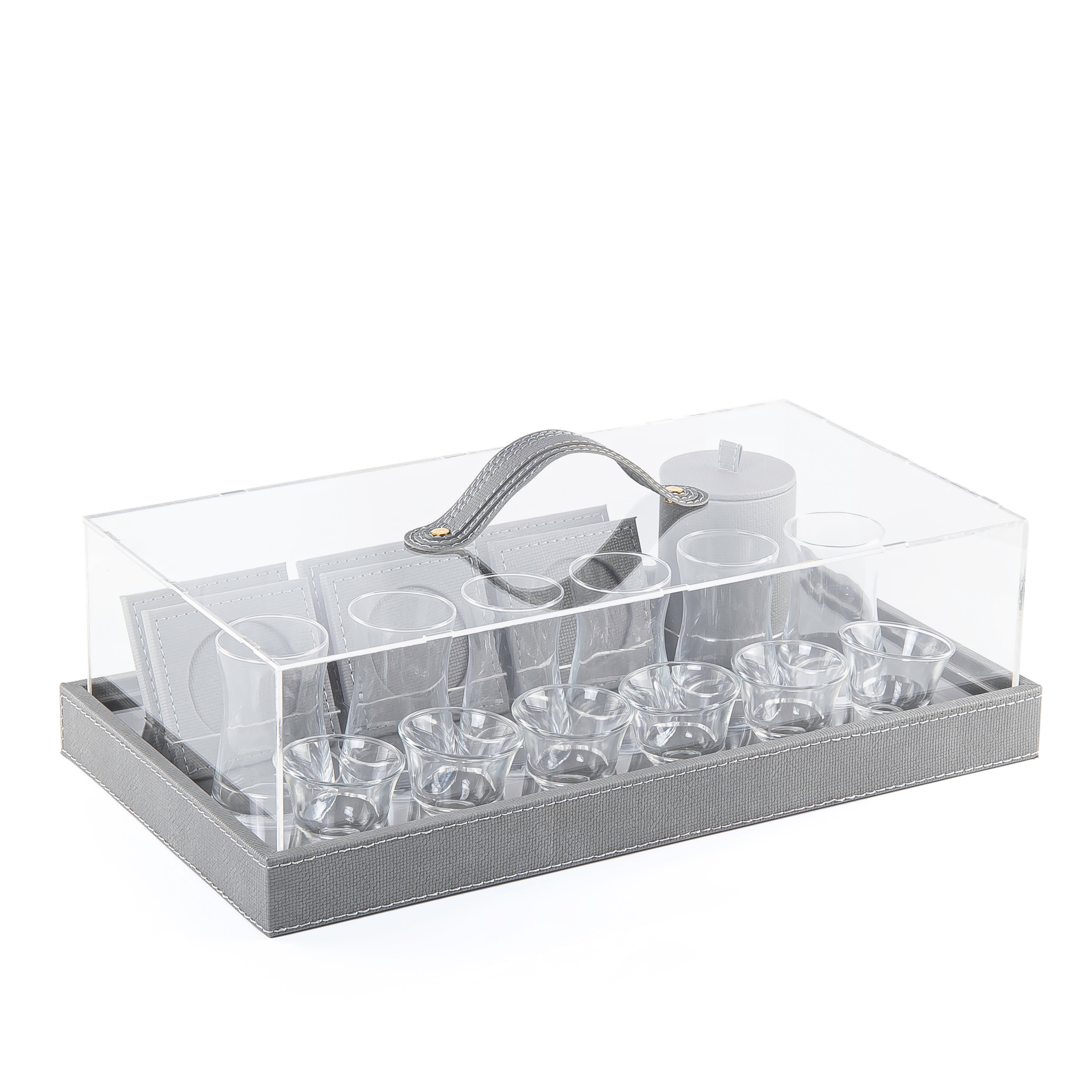 Set of cubs with leather tray & acrylic box