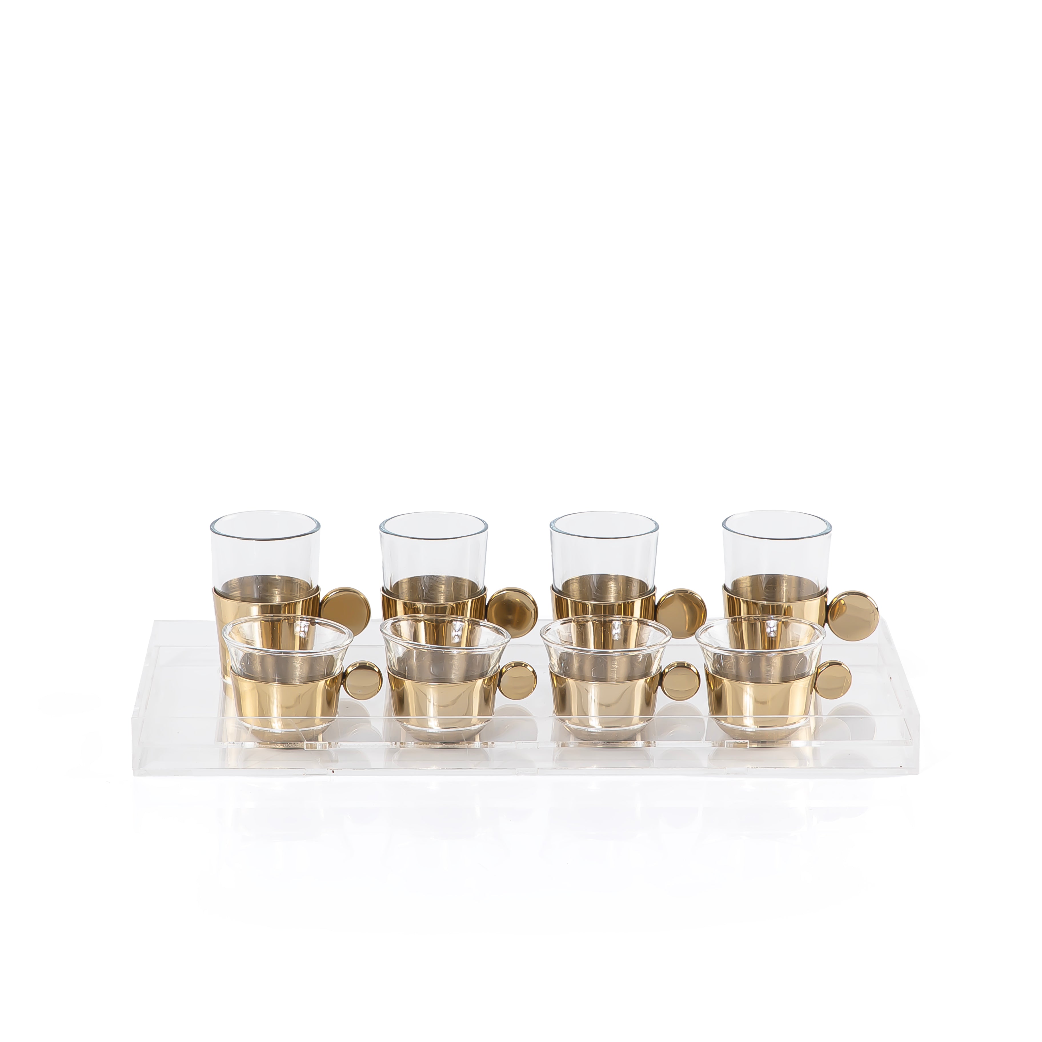 طقم مكون من 4 قطع من ستيكانا الشاي و4 فناجين قهوة عربية بمقابض أنيقة - ذهبي