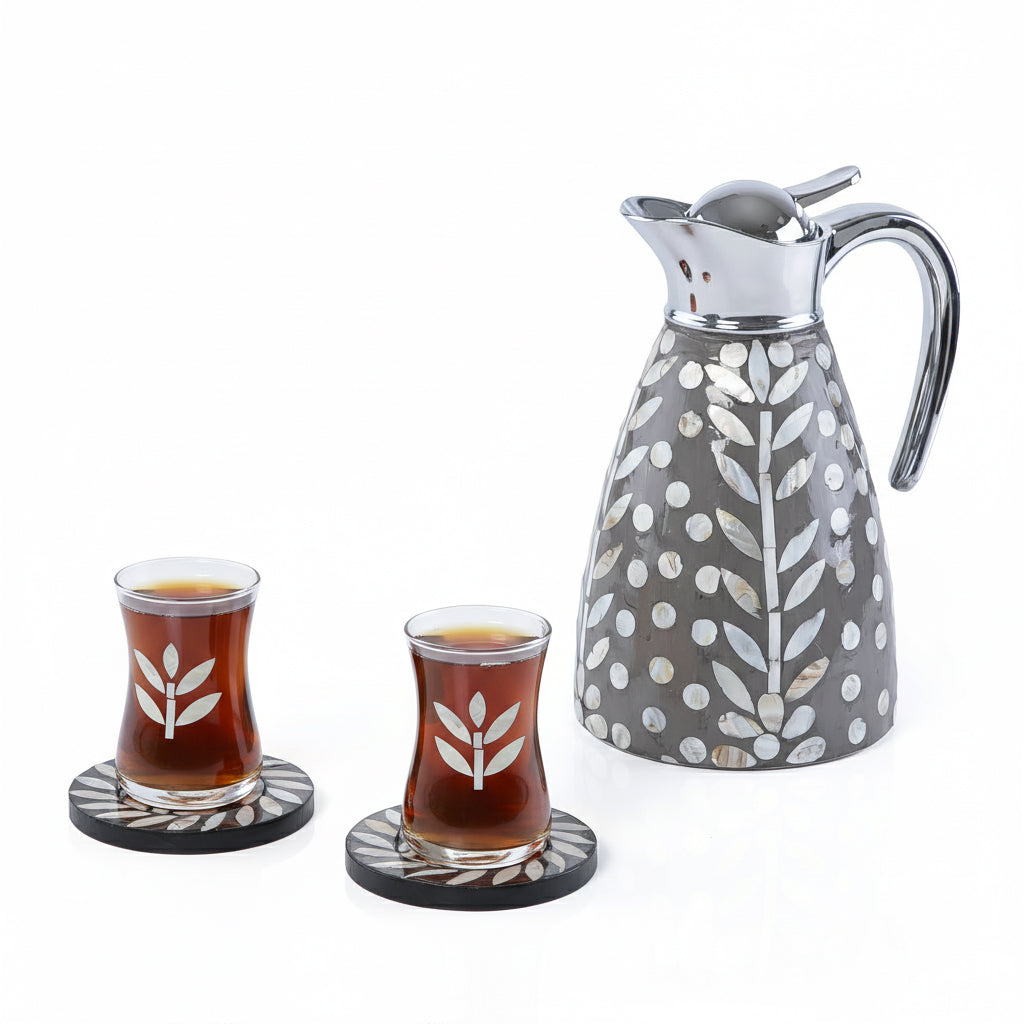 Mother of Pearl Thermos Set with 4 Glass Tea Cups & 4 Saucers in Acrylic Box - Grey