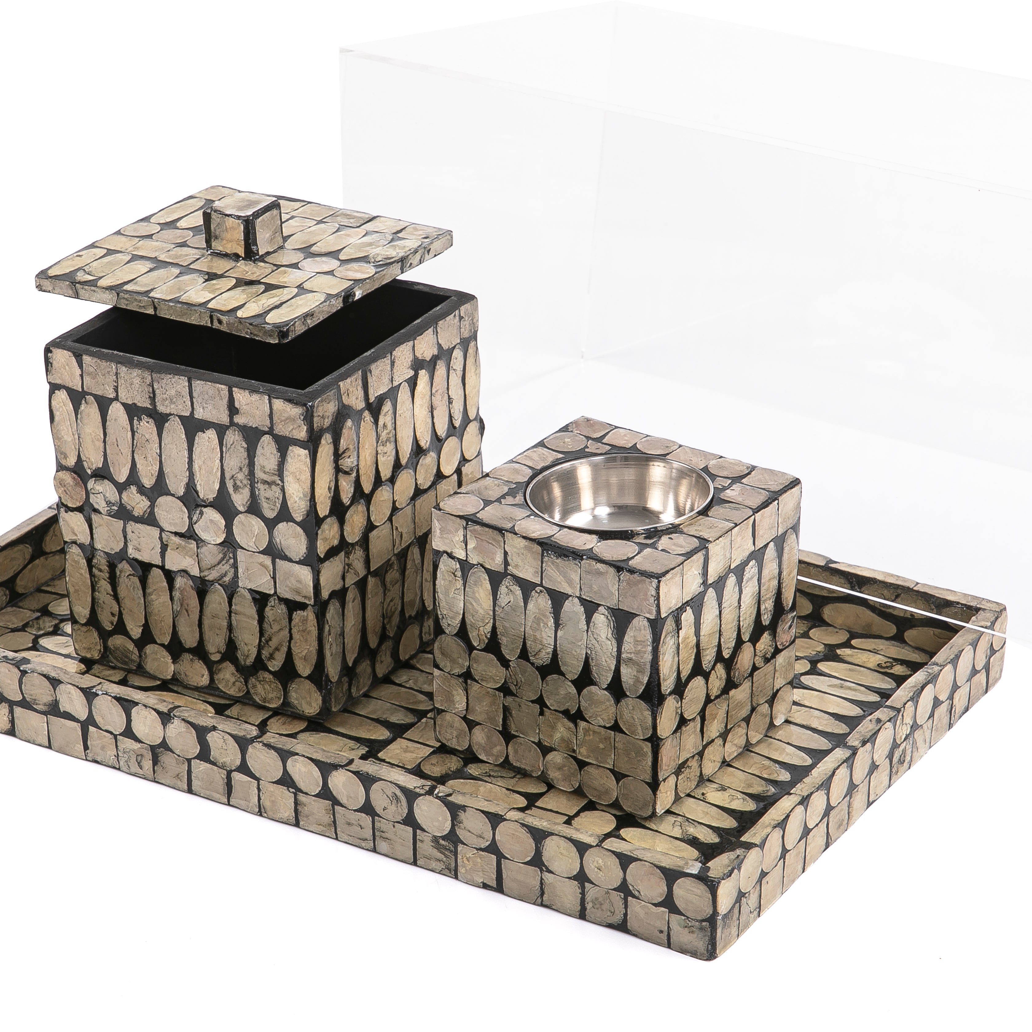 طقم مبخر من الصدف (صينية + علبة + مبخر ) - رمادي