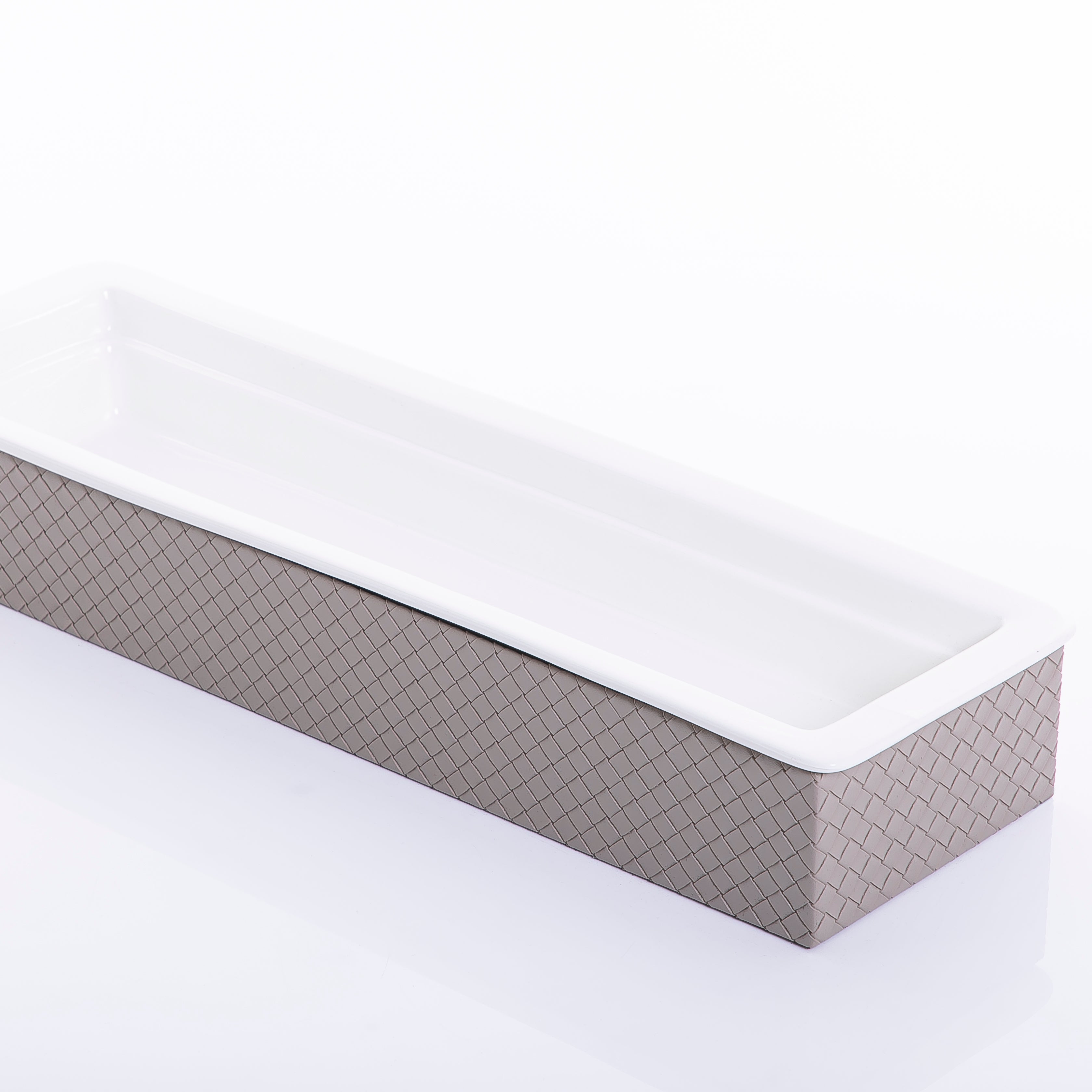 rectangular ceramic plate with gray leather base