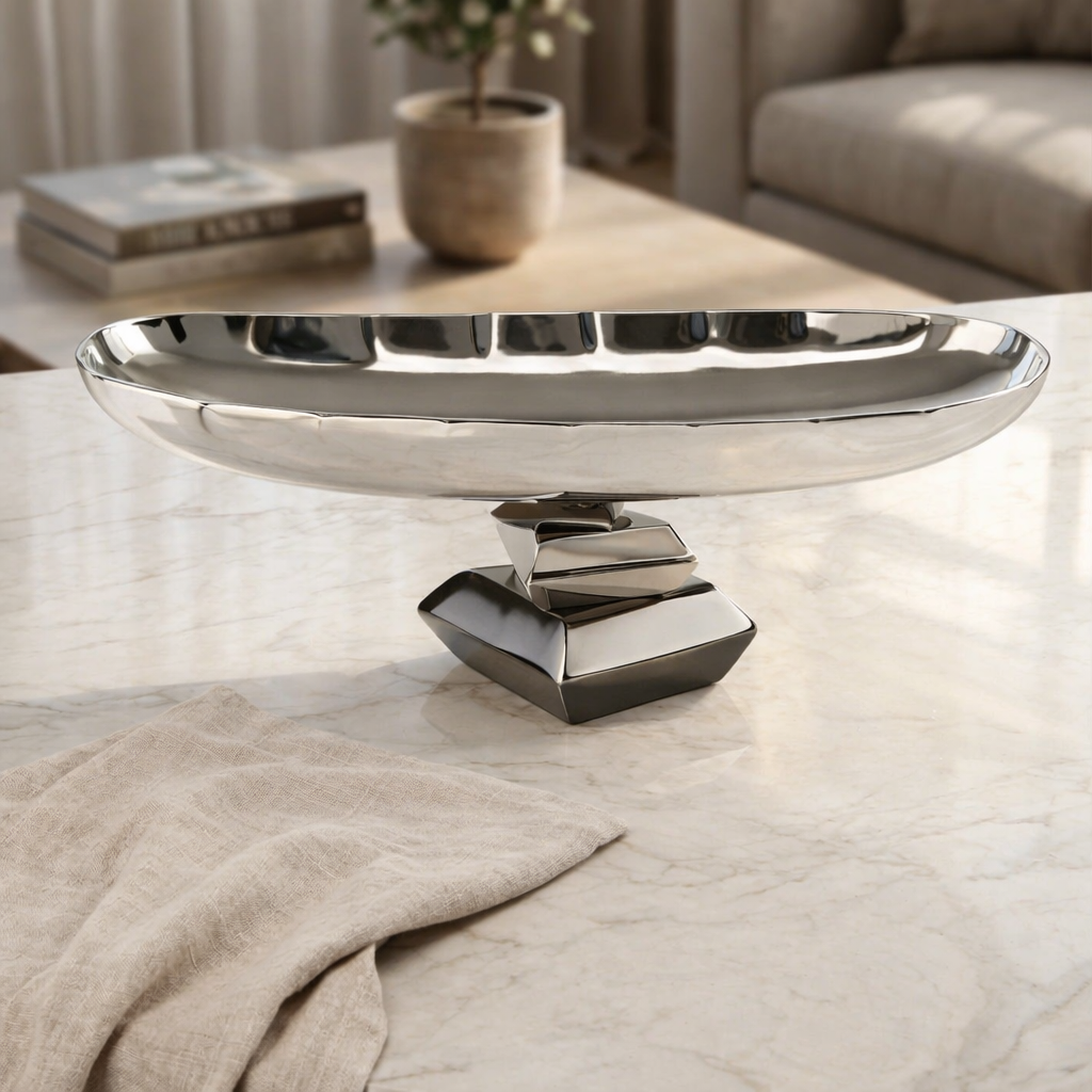 Elegant Metal Oval Serving Dish Silver with Black - Medium