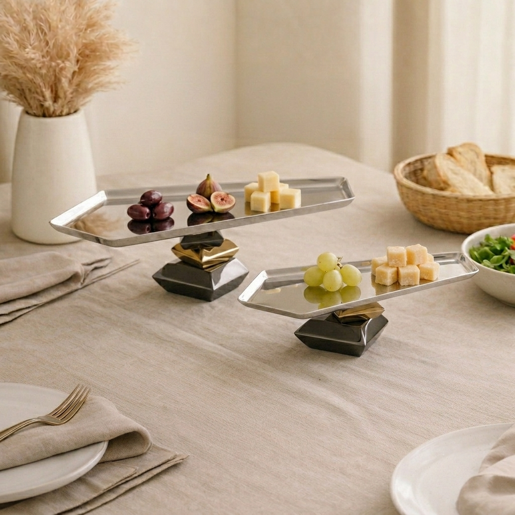 Set of 2 Metal Serving Stand Dish with gift box - Silver & Gold