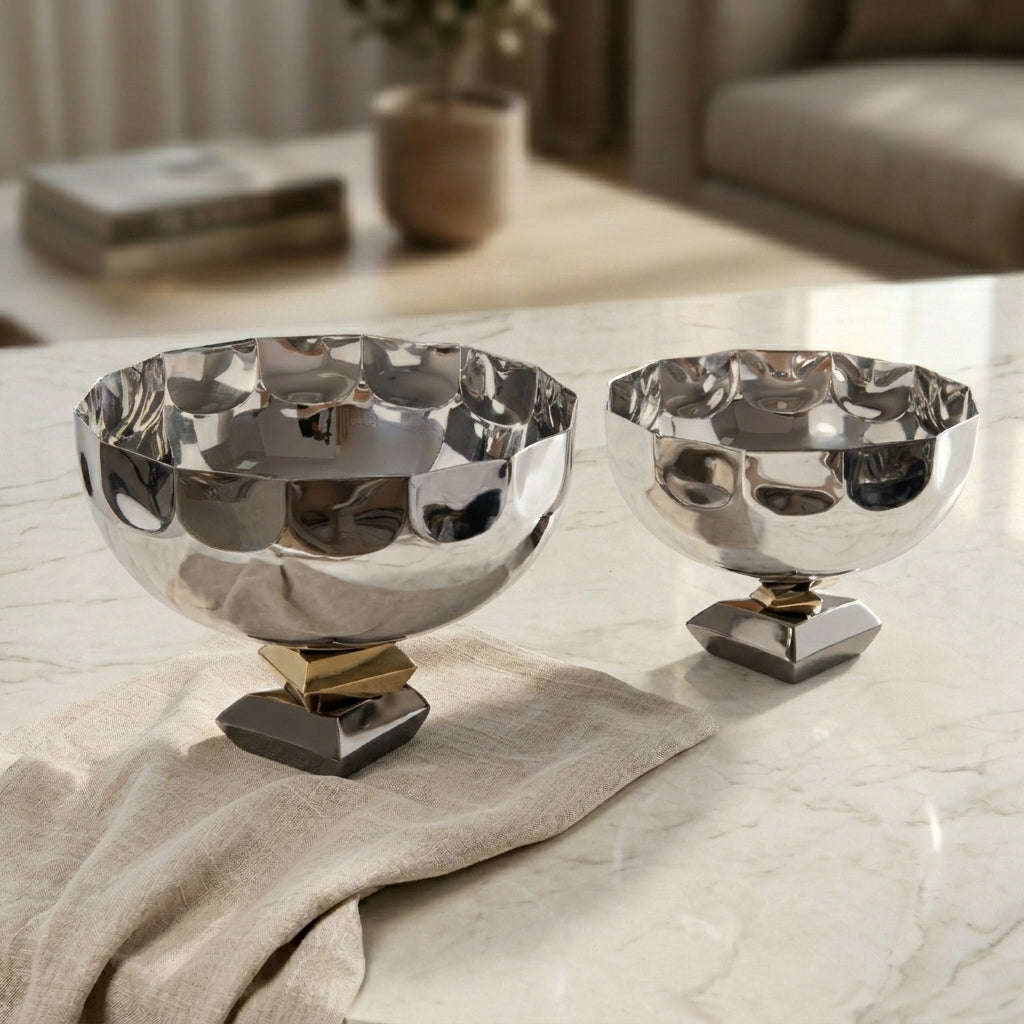 Set of 2 Round Metal Serving Bowl with base stand with gift box- Gold and Black color