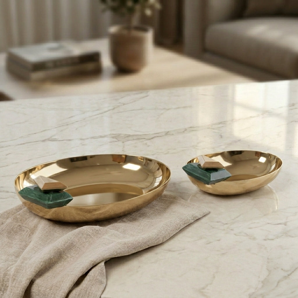 Set of 2 Shiny Steel Serving Bowl with gift box - Gold & Green