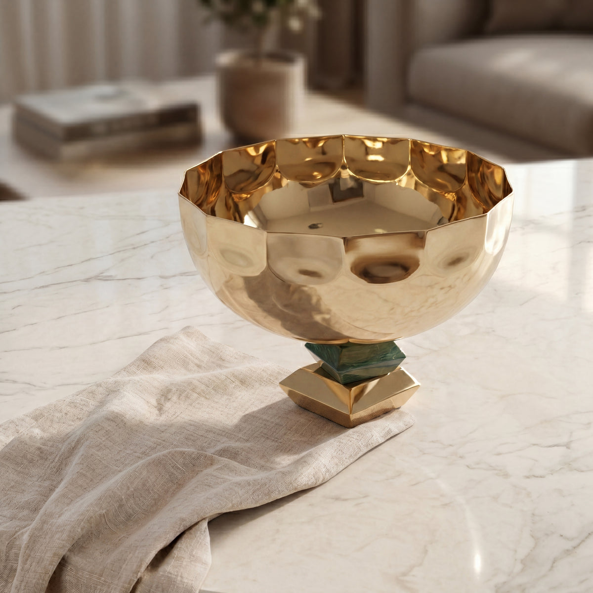 Round Metal Serving Bowl with base stand with gift box - Gold & Green