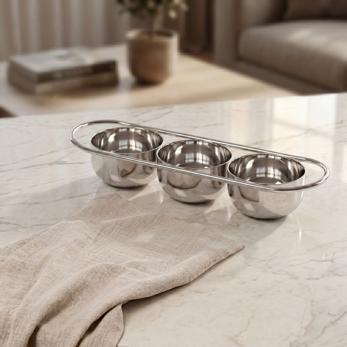 Metal Triple-Section Serving Bowl - Silver