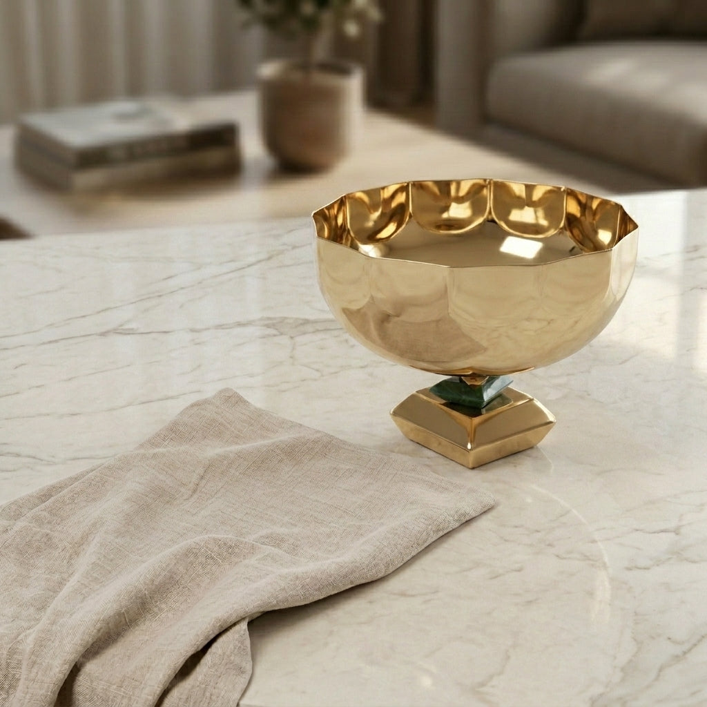 Round Metal Serving Bowl with base stand with gift box - Gold