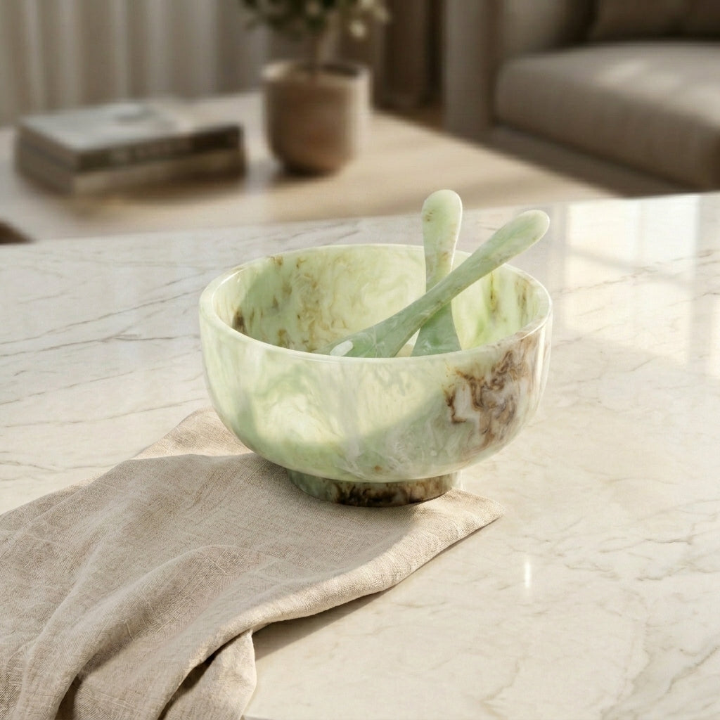 Resin Serving Bowl with 2 Spoons - Green
