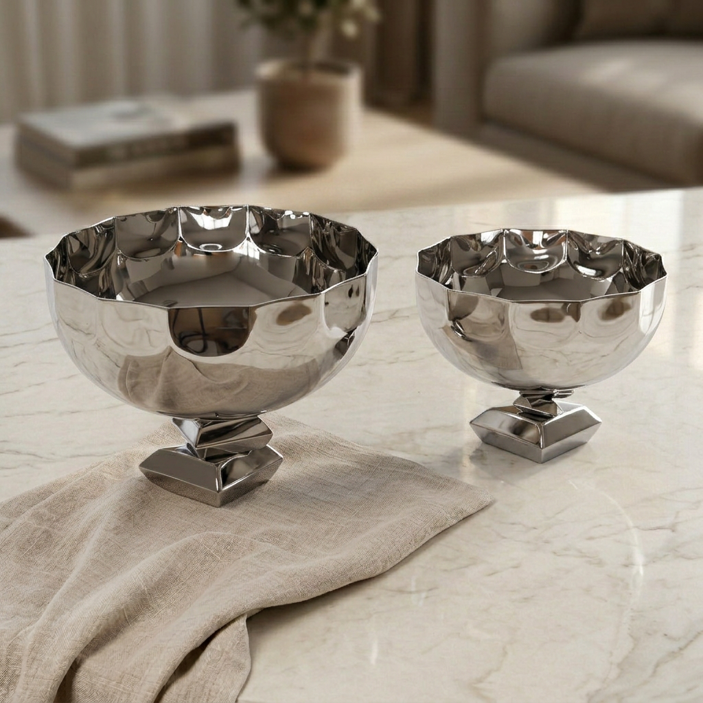 Set of 2 Round Metal Serving Bowl with base stand with gift box - Silver