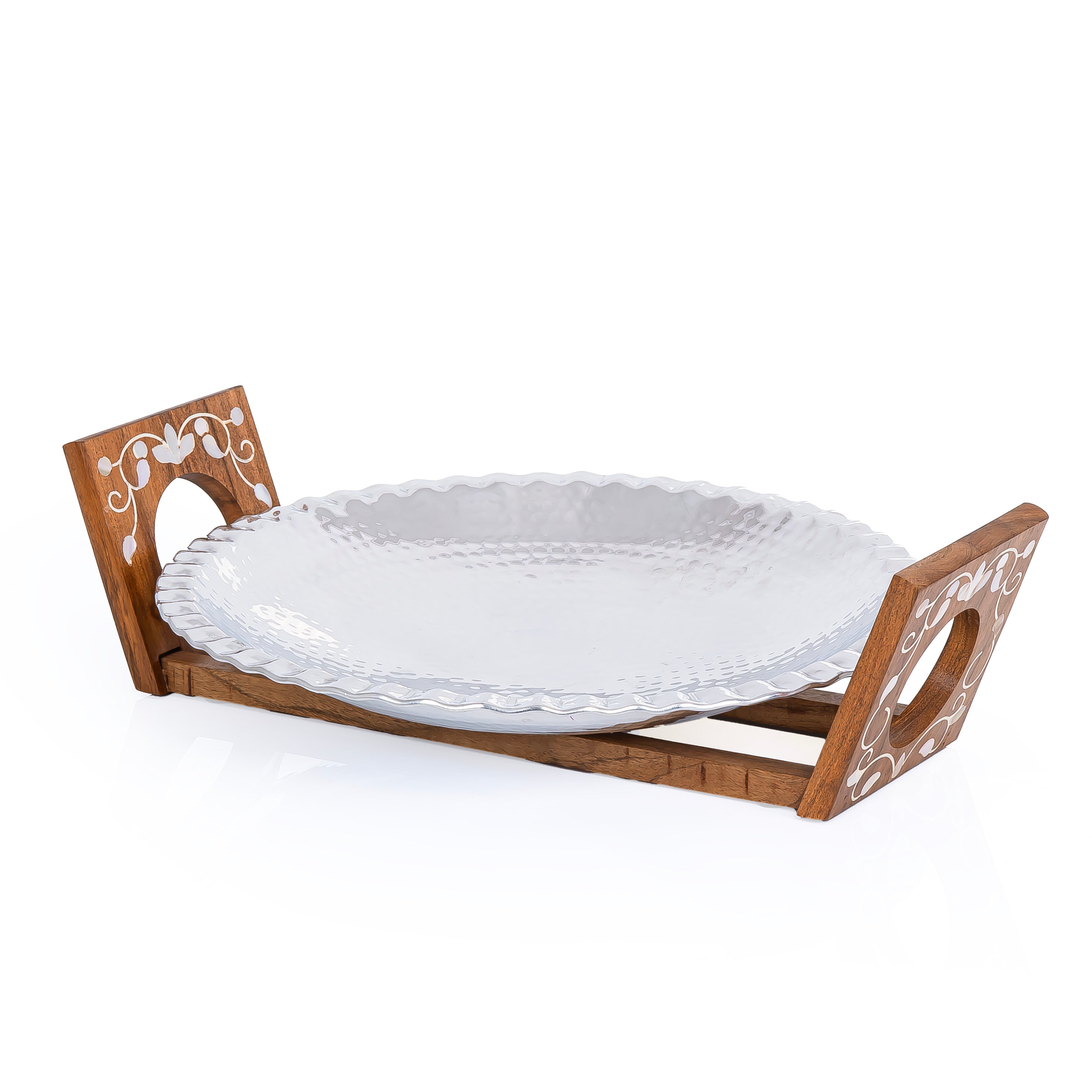 Round Aluminium Serving Tray with Wooden Stand
