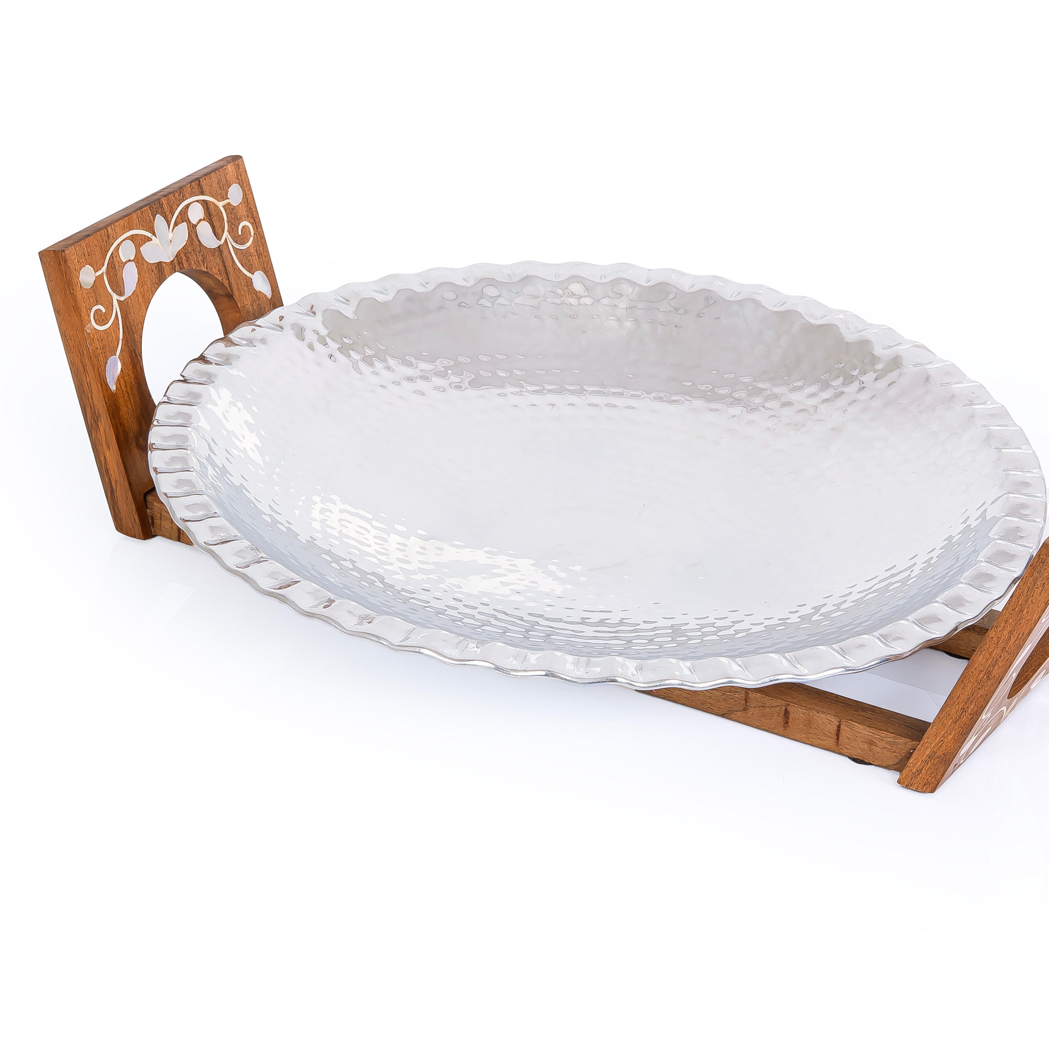 Round Aluminium Serving Tray with Wooden Stand