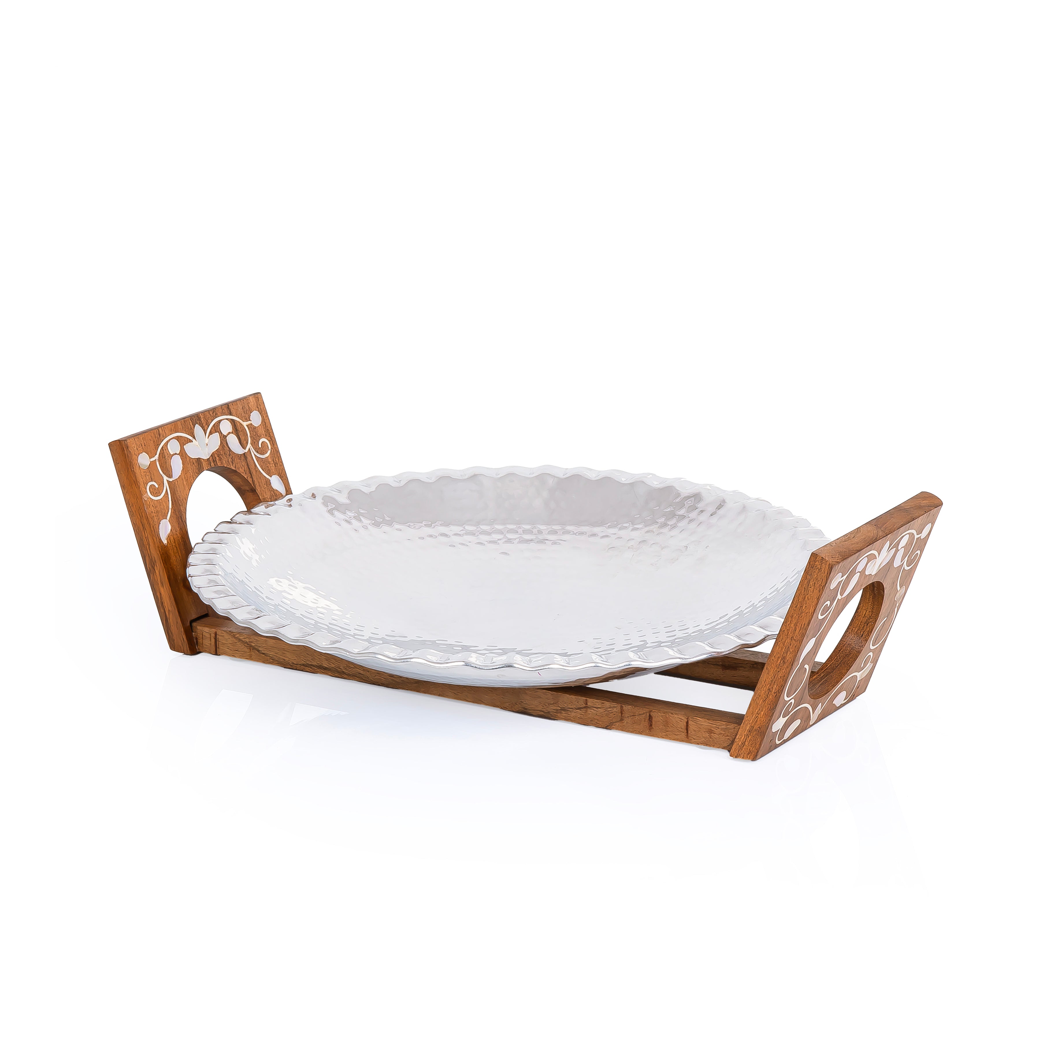 Round Aluminium Serving Tray with Wooden Stand