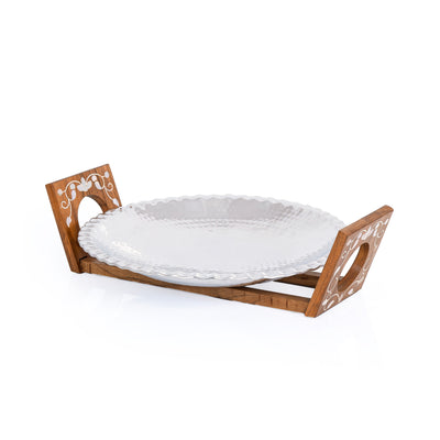 Round Aluminium Serving Tray with Wooden Stand