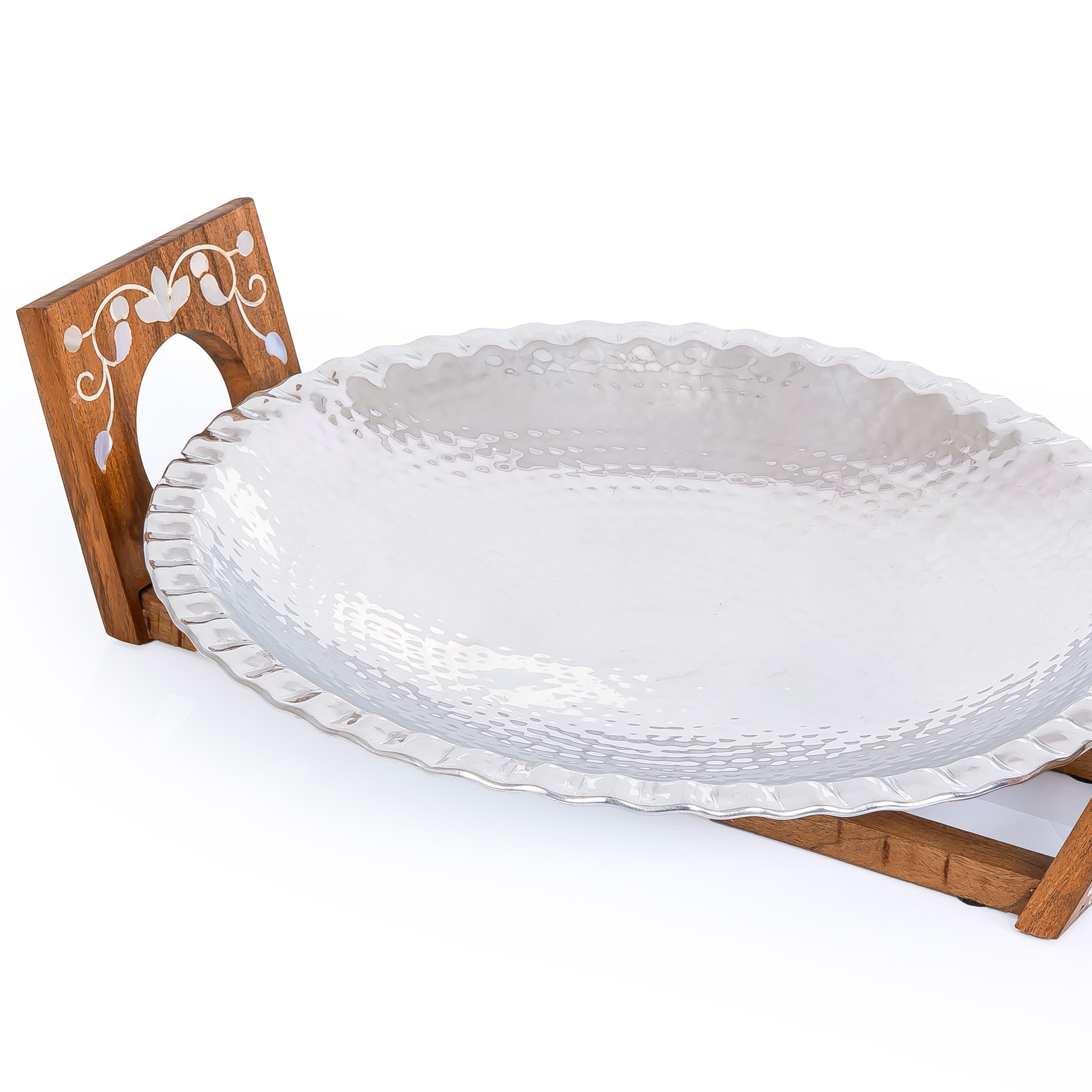 Round Aluminium Serving Tray with Wooden Stand