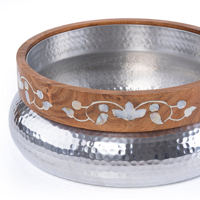 Large Metal Bowl Decorated With Wood & Mother Of Pearl