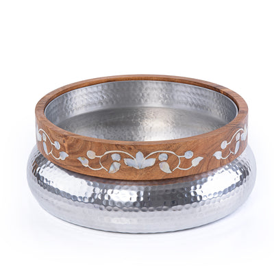Large Metal Bowl Decorated With Wood & Mother Of Pearl