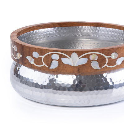 Small Metal Bowl Decorated With Wood & Mother Of Pearl