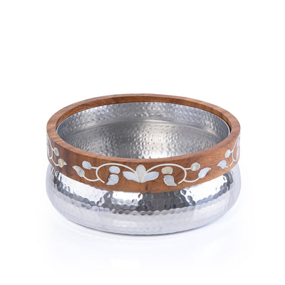 Small Metal Bowl Decorated With Wood & Mother Of Pearl