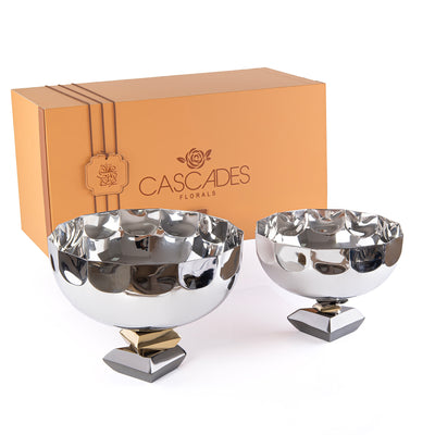طقم 2 وعاء تقديم معدن دائري مع قاعدة مع بوكس هدايا - ذهبي و أسود