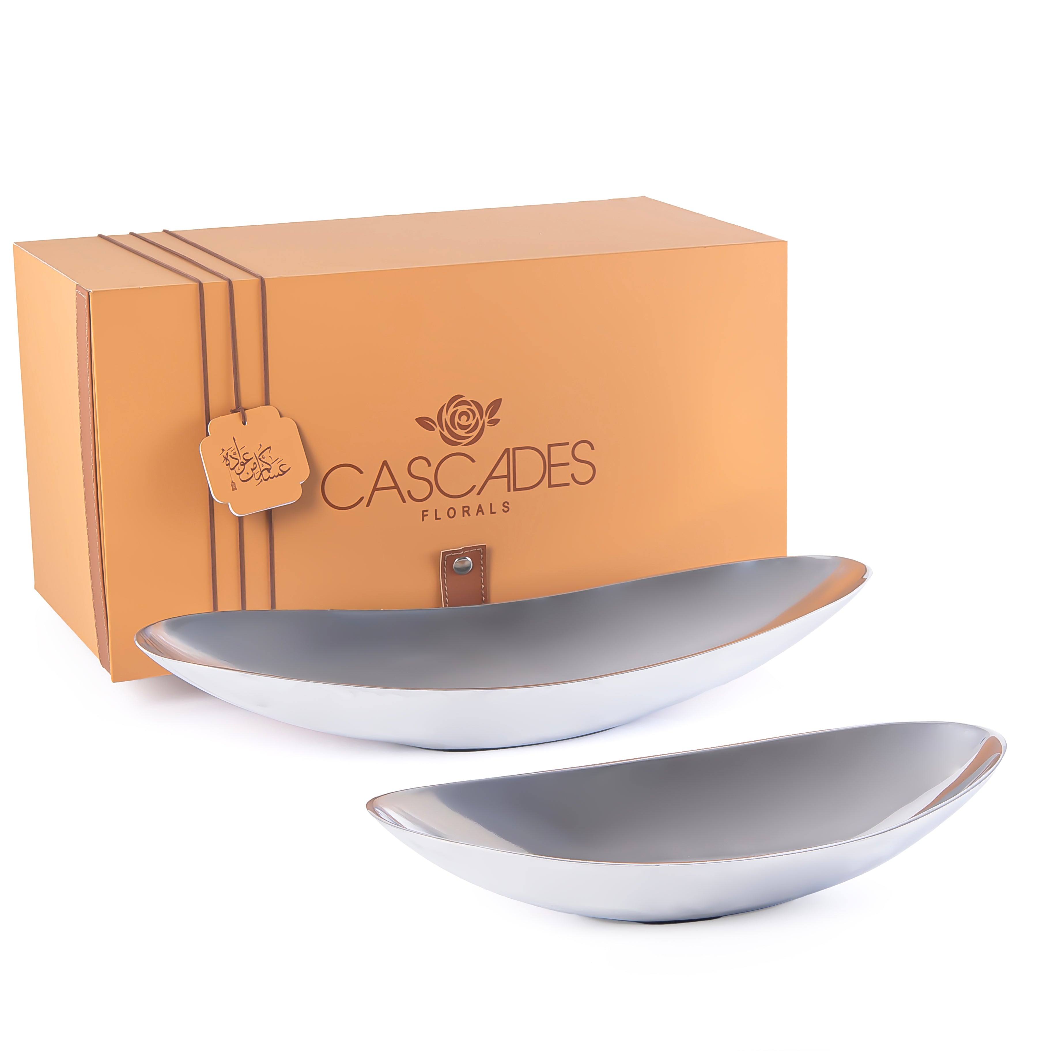 طقم 2 أطباق تقديم بيضاوية من المعدن مع بوكس - فضي