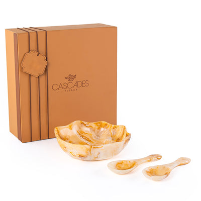 طقم من وعاء تقديم صغير من الراتنج مع ملعقتين مع بوكس هدايا  – عنبر 