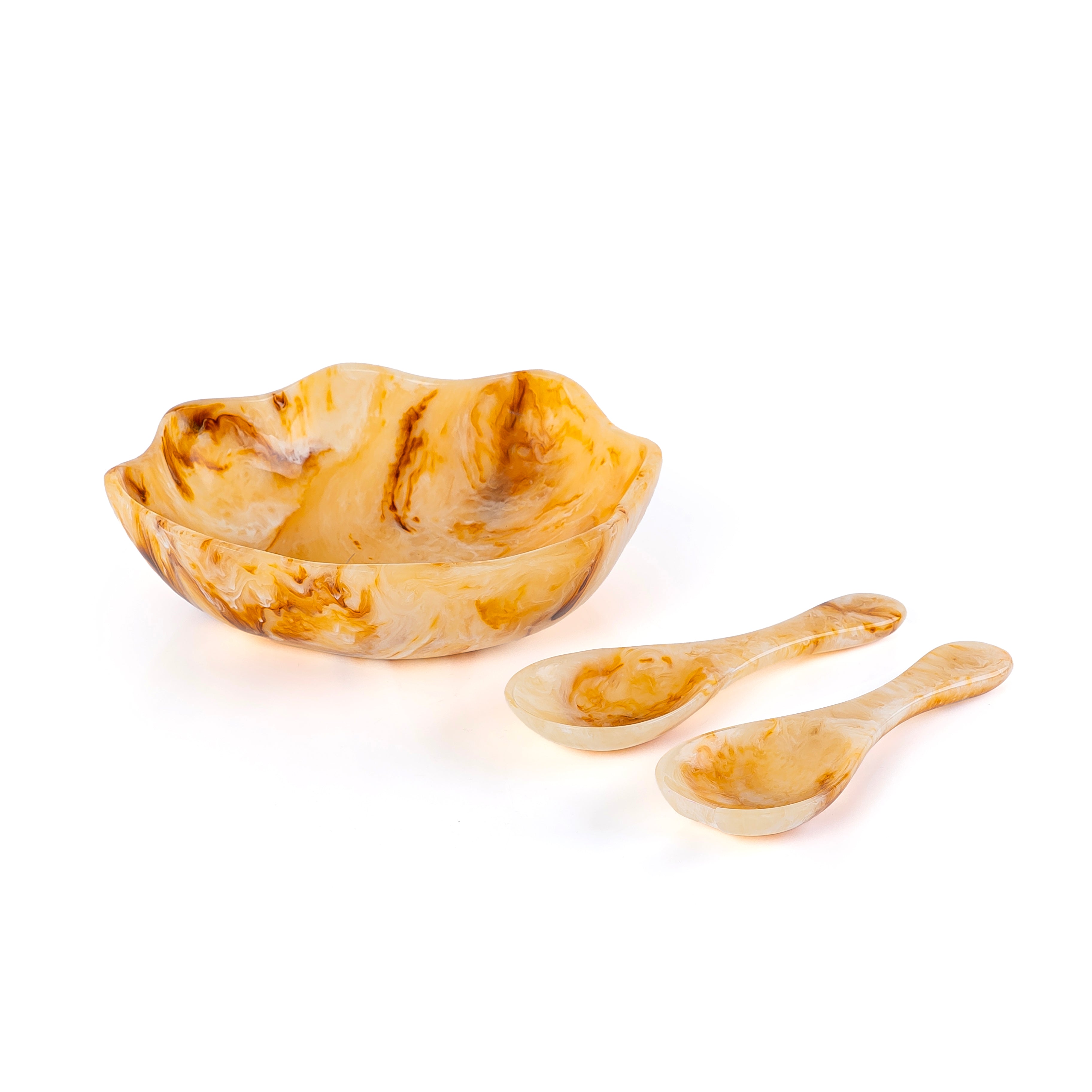 وعاء تقديم صغير من الراتنج مع ملعقتين – عنبر
