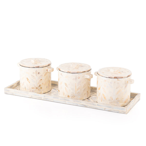 Set of 3 mother of pearl jars with tray and gift box - beige