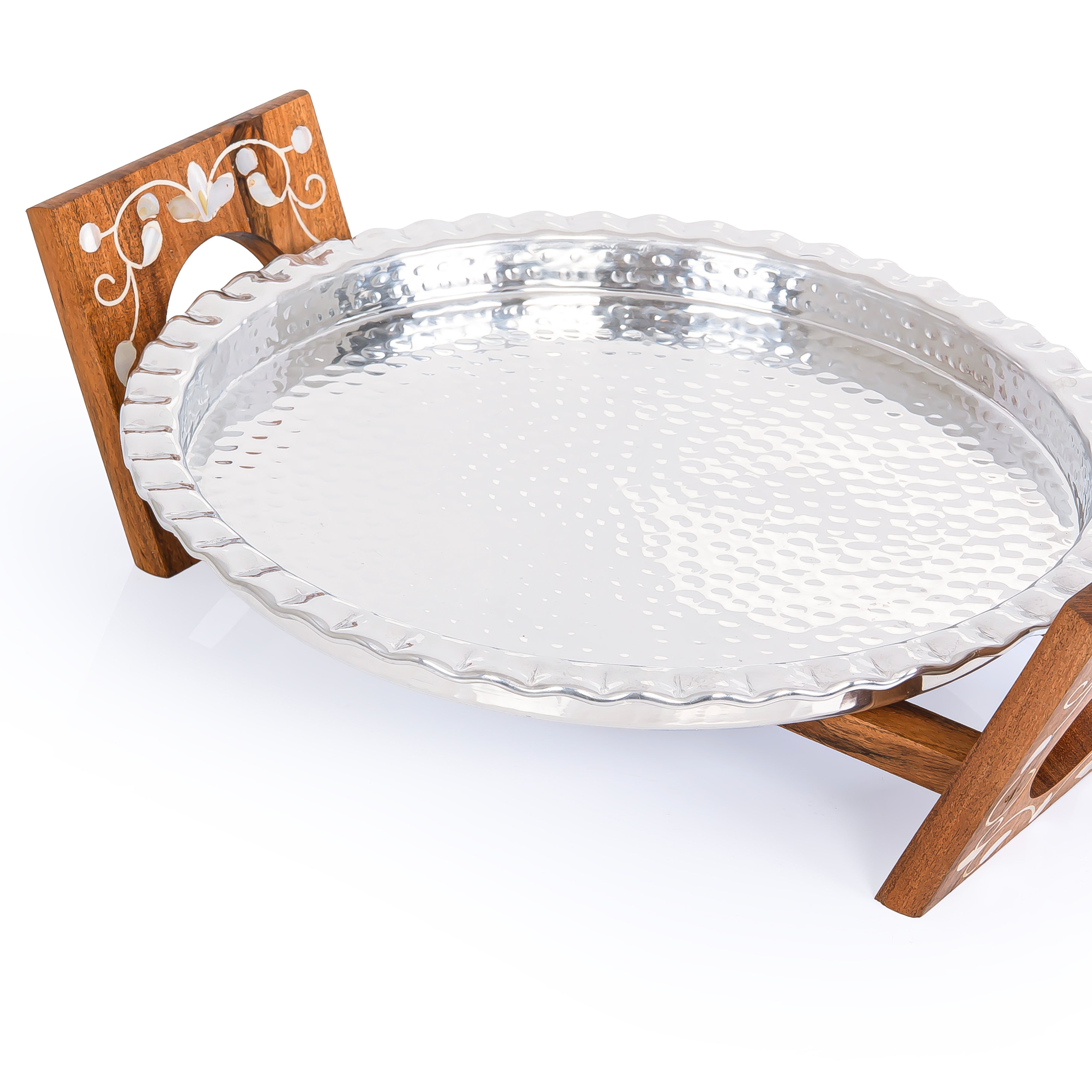 Round Aluminium Serving Tray with Wooden Stand
