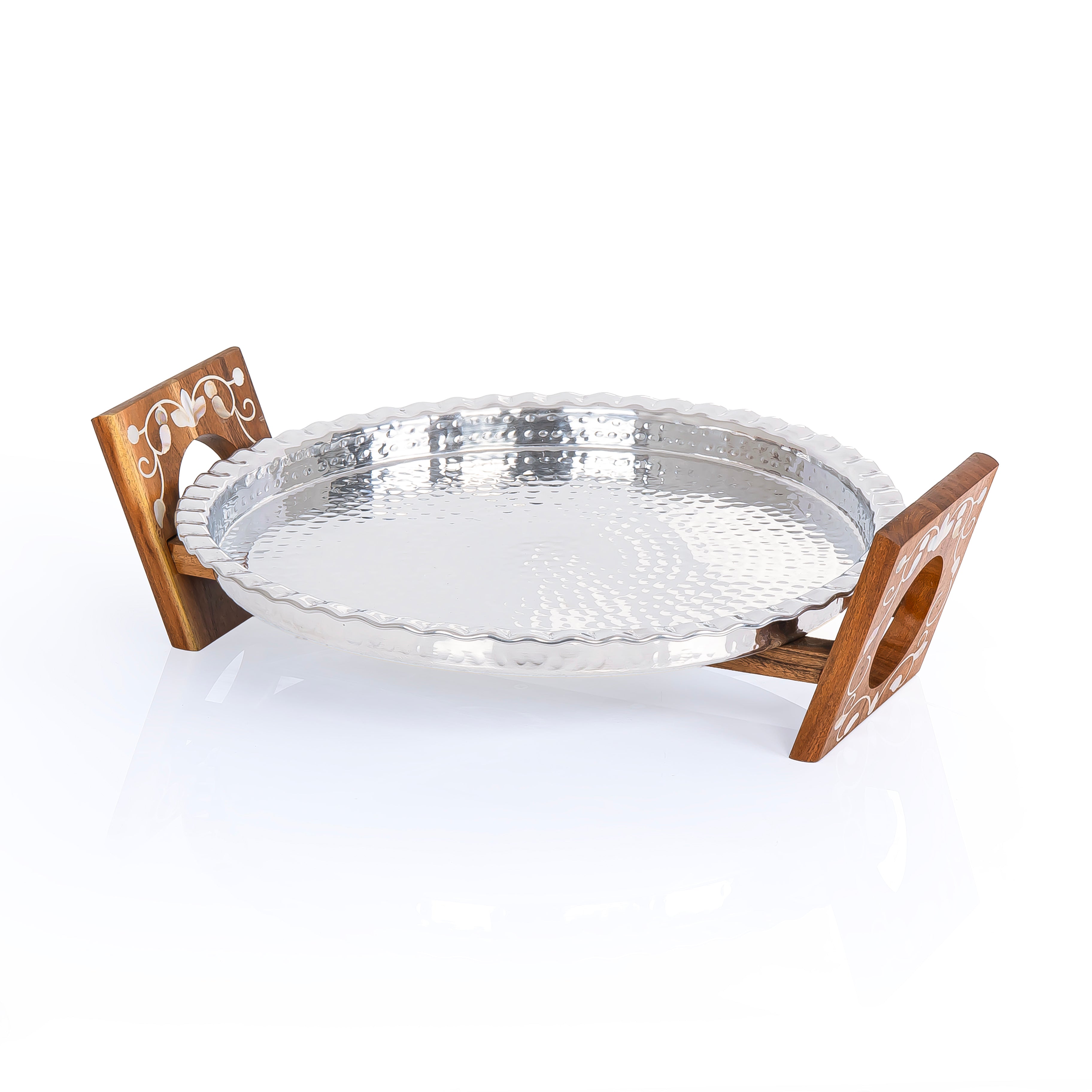 Round Aluminium Serving Tray with Wooden Stand