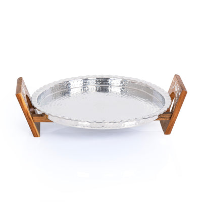 Round Aluminium Serving Tray with Wooden Stand