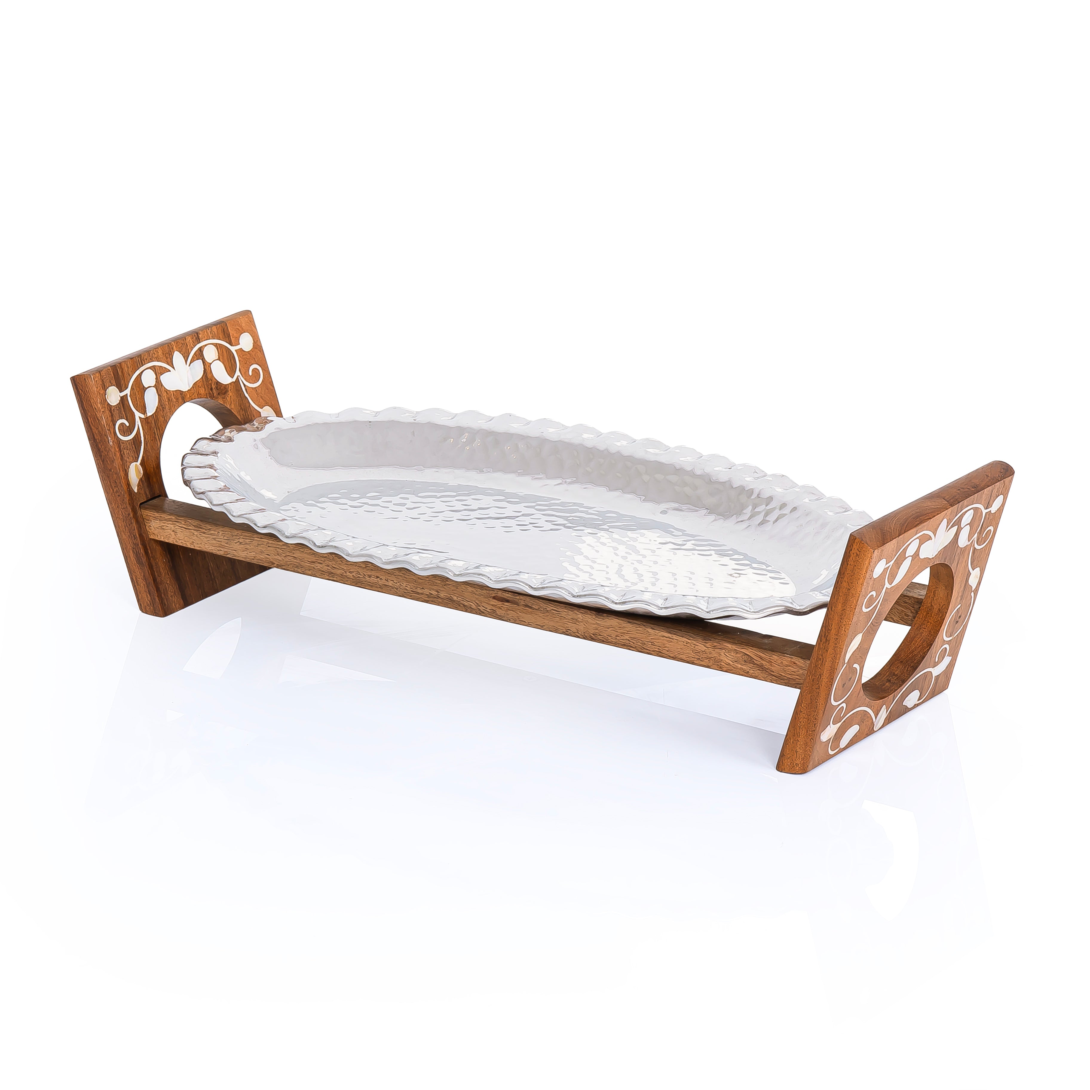 Oval Aluminium Serving Tray with Wooden Stand