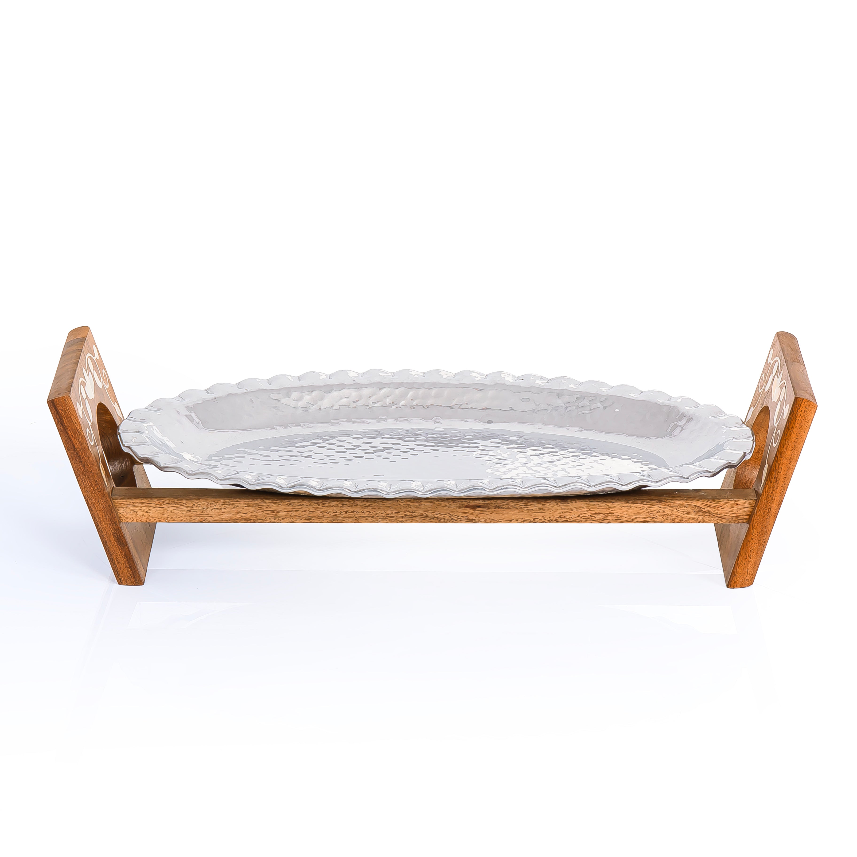 Oval Aluminium Serving Tray with Wooden Stand