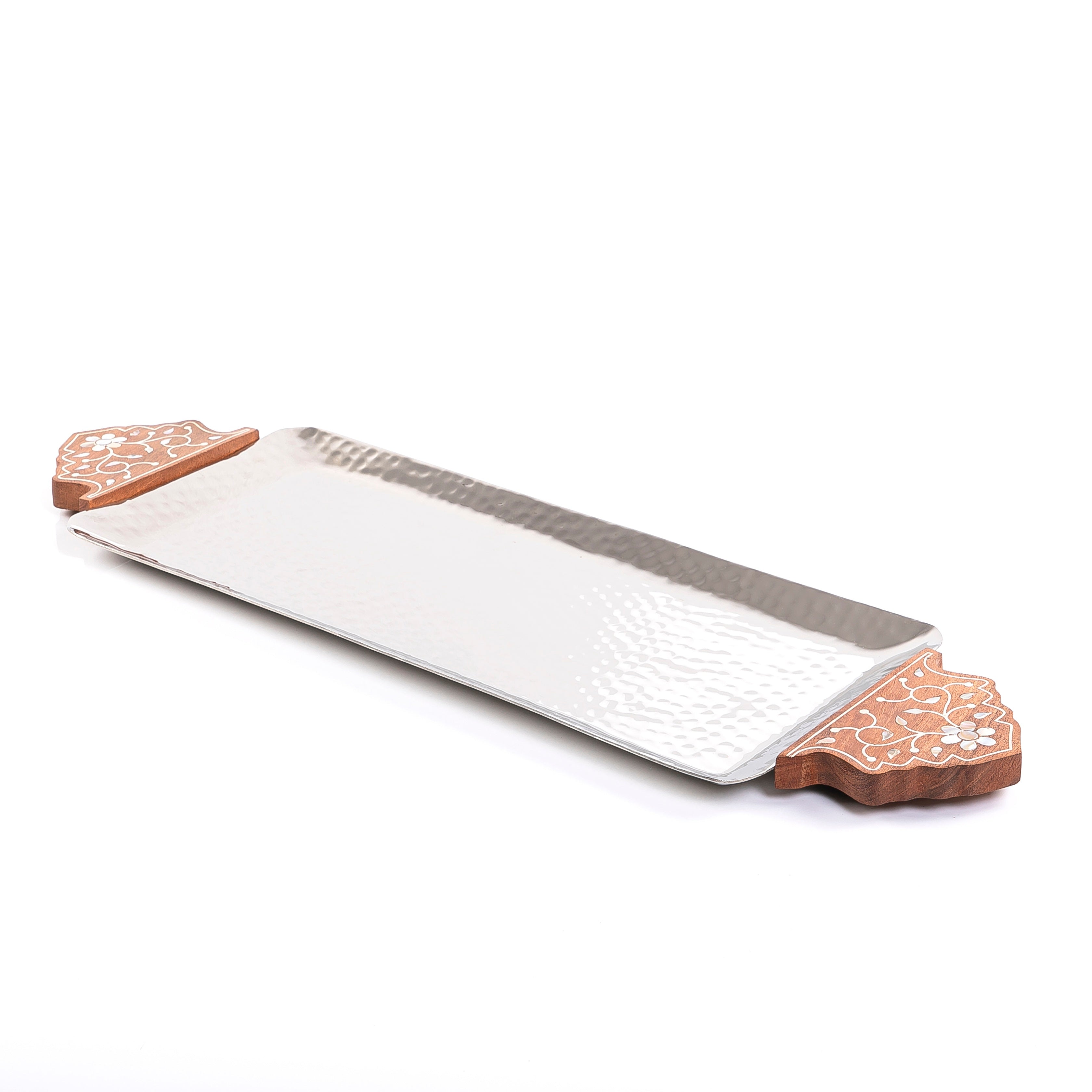 صينية معدنية بمقبض خشبي - صغير